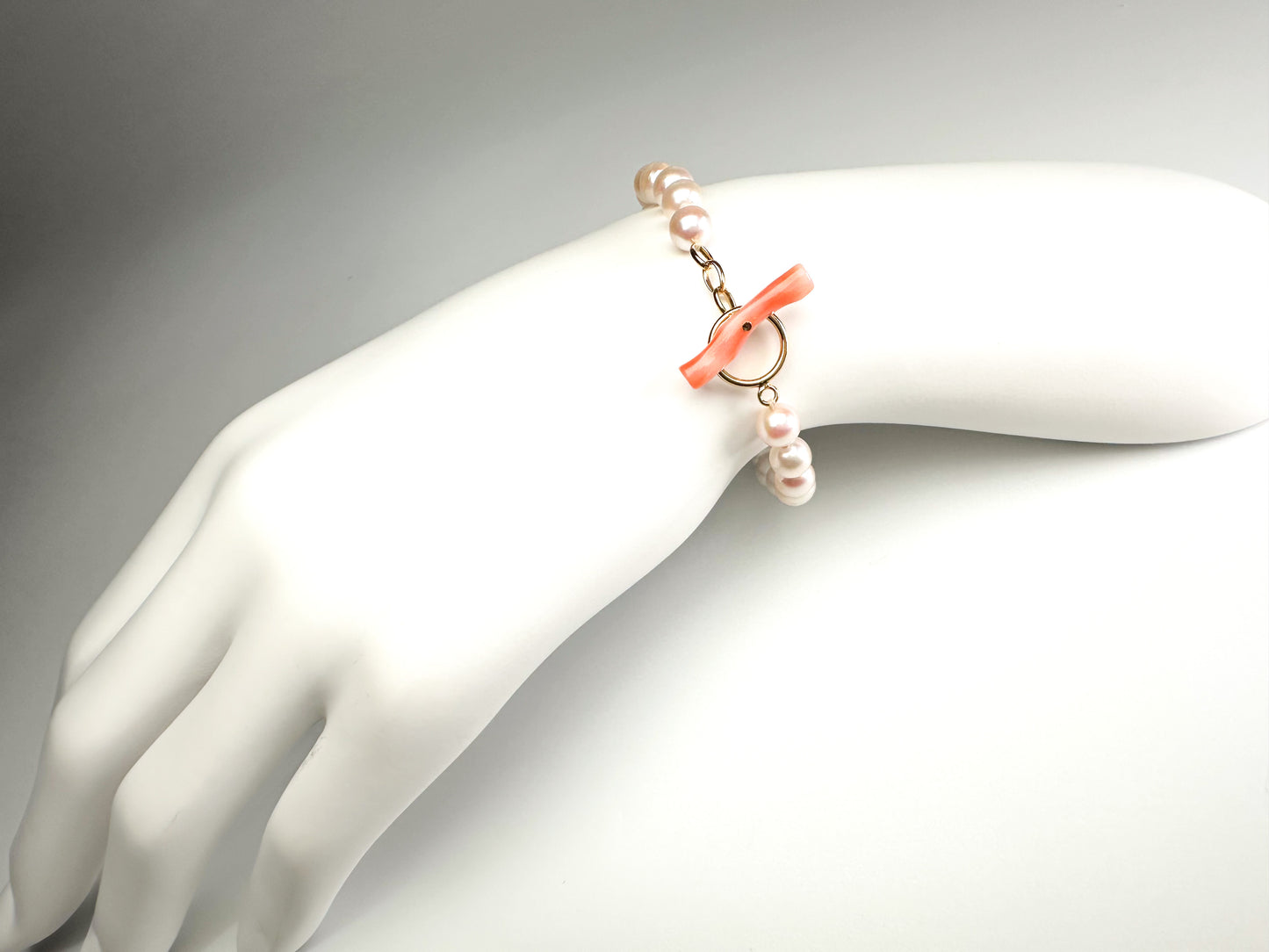 Japanese Akoya pearl bracelet 14K gold filled toggle ring with coral bar