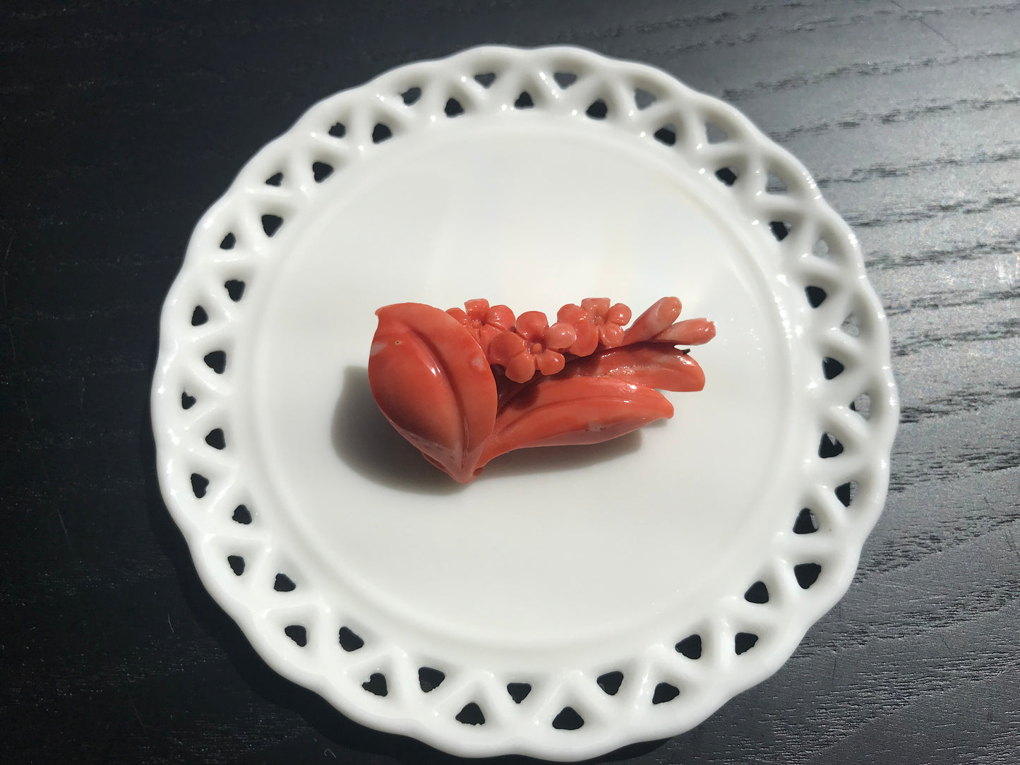 Natural persimmon pink carved Momo coral cherry blossom vintage brooch