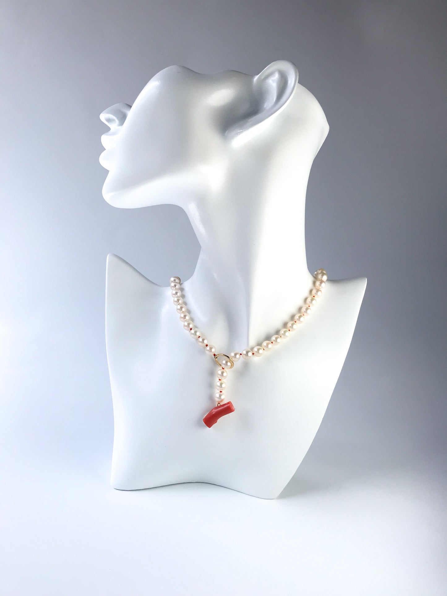 K18 Akoya pearl necklace with Momo coral bar