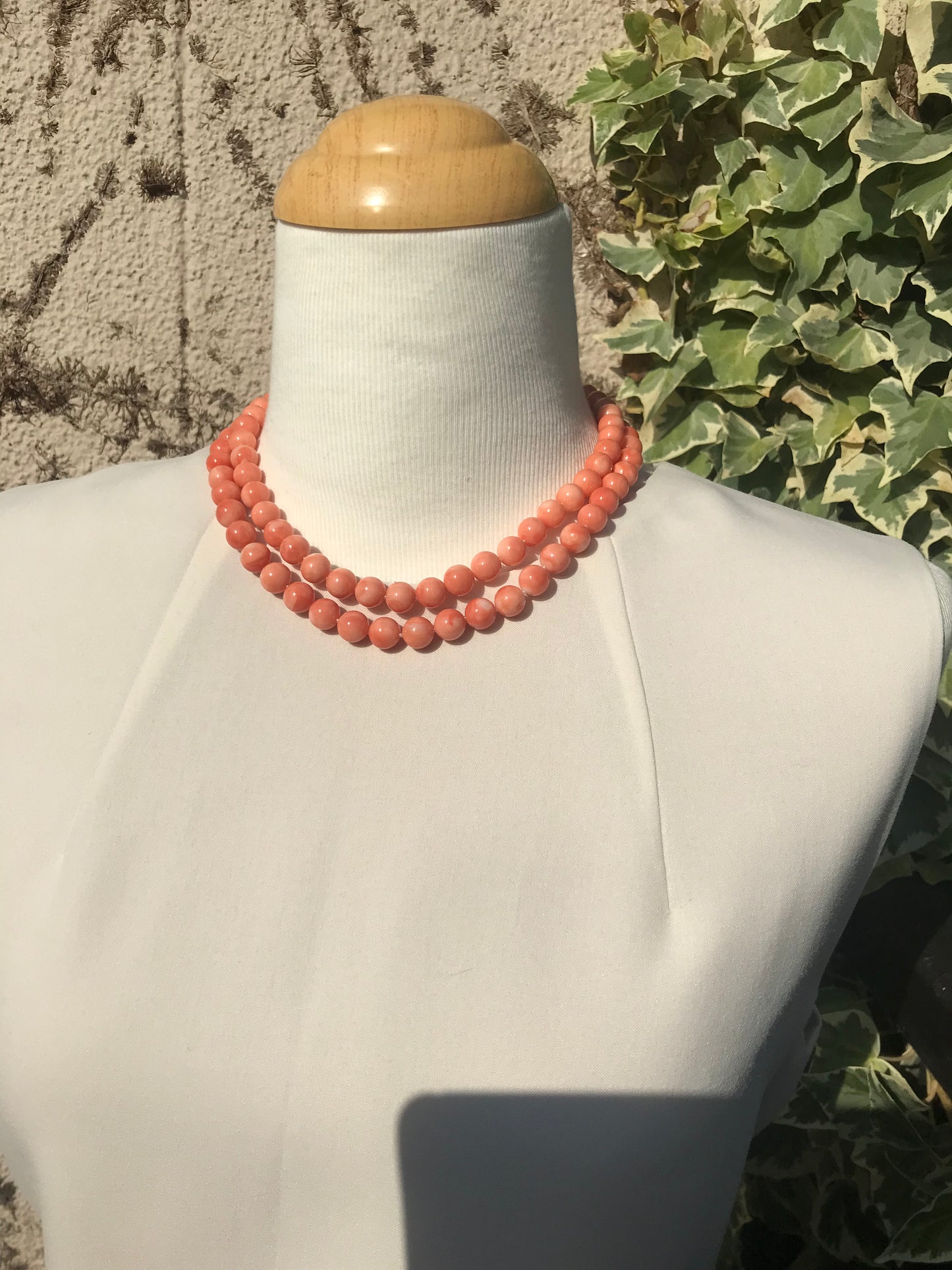 K18 Pink coral two strand vintage necklace and earrings set