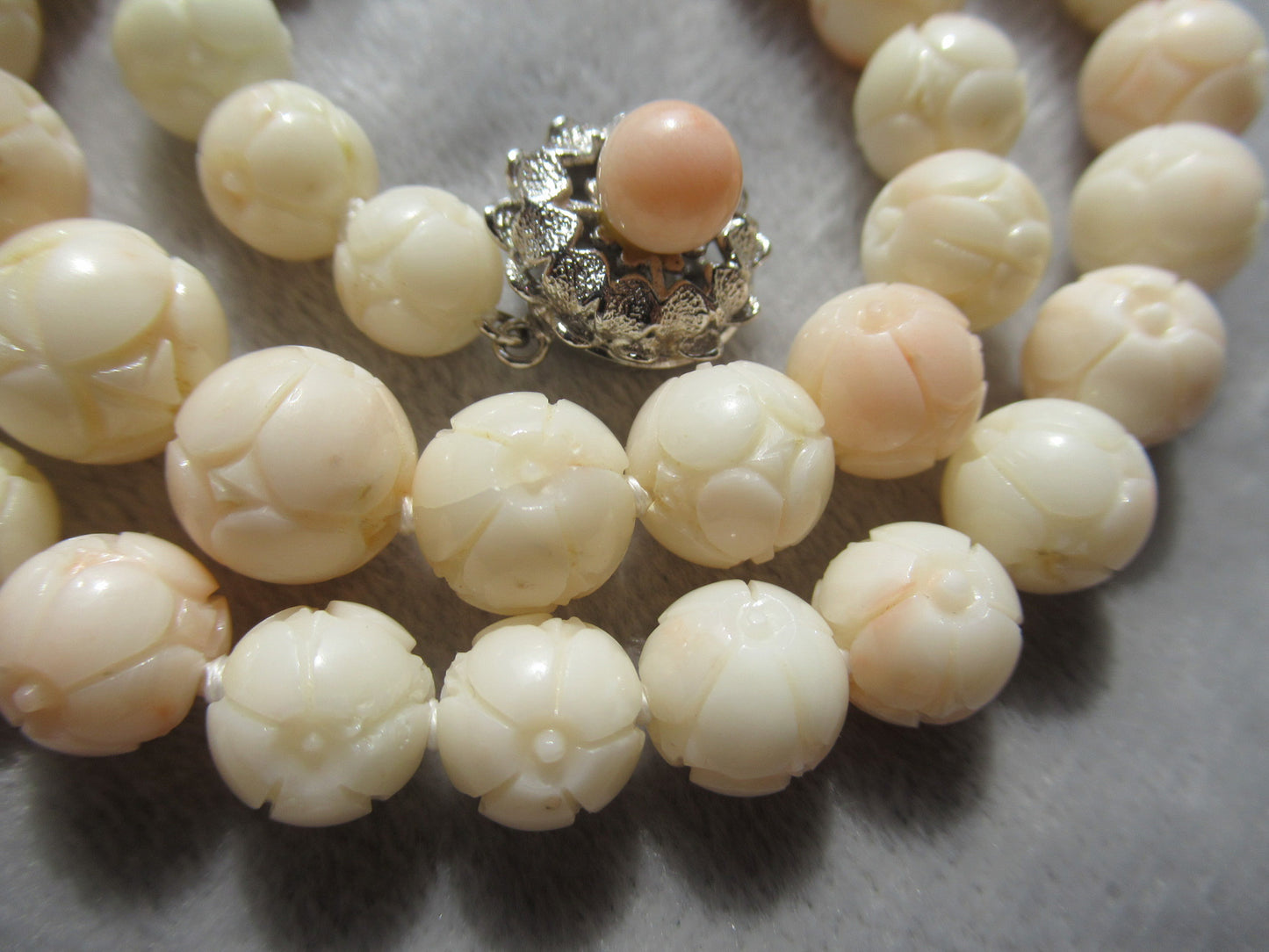 Large 13mm carved cherry blossom coral vintage necklace