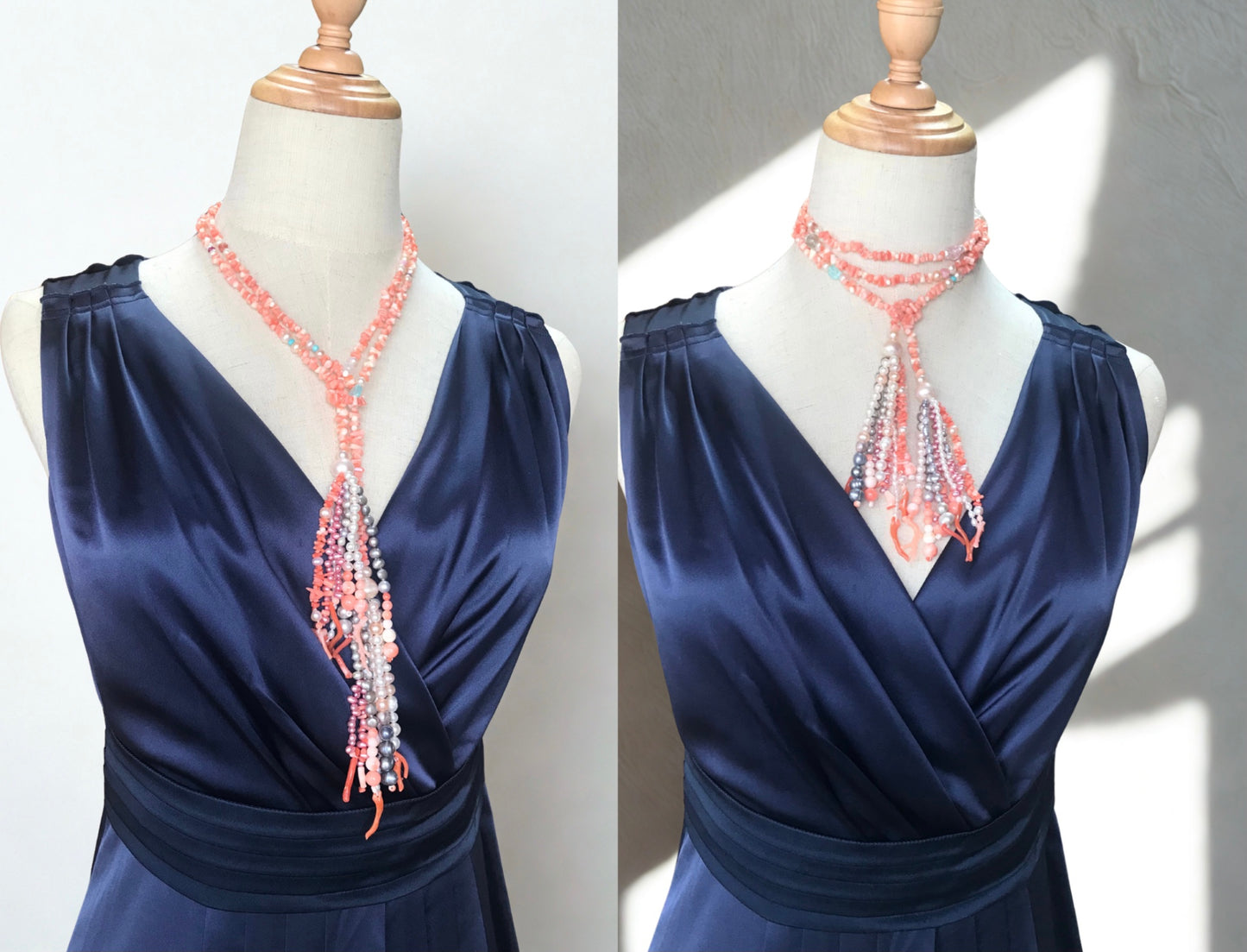 Natural Pink Coral and fresh water pearls lariat necklace