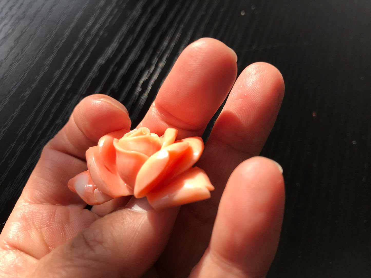 Collectors item Natural Angel Skin pink carved Momo coral rose vintage brooch