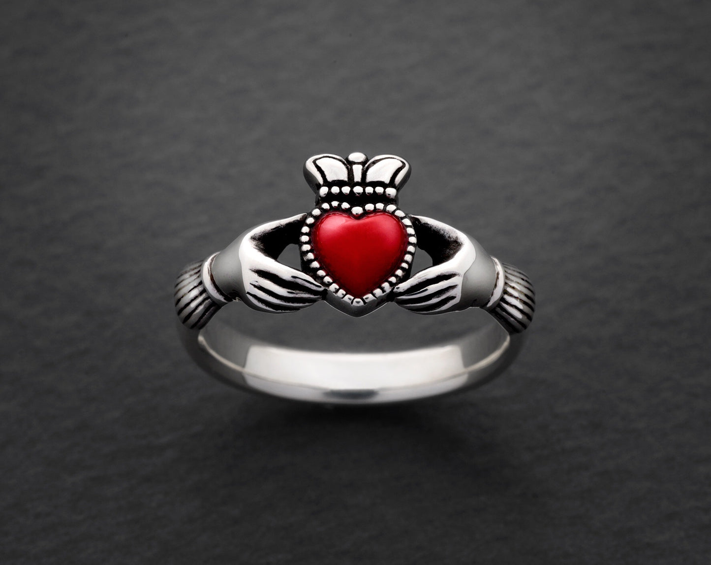 Made to order: Untreated Blood Red Coral Heart Claddagh Silver Ring