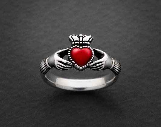 Made to order: Untreated Blood Red Coral Heart Claddagh Silver Ring