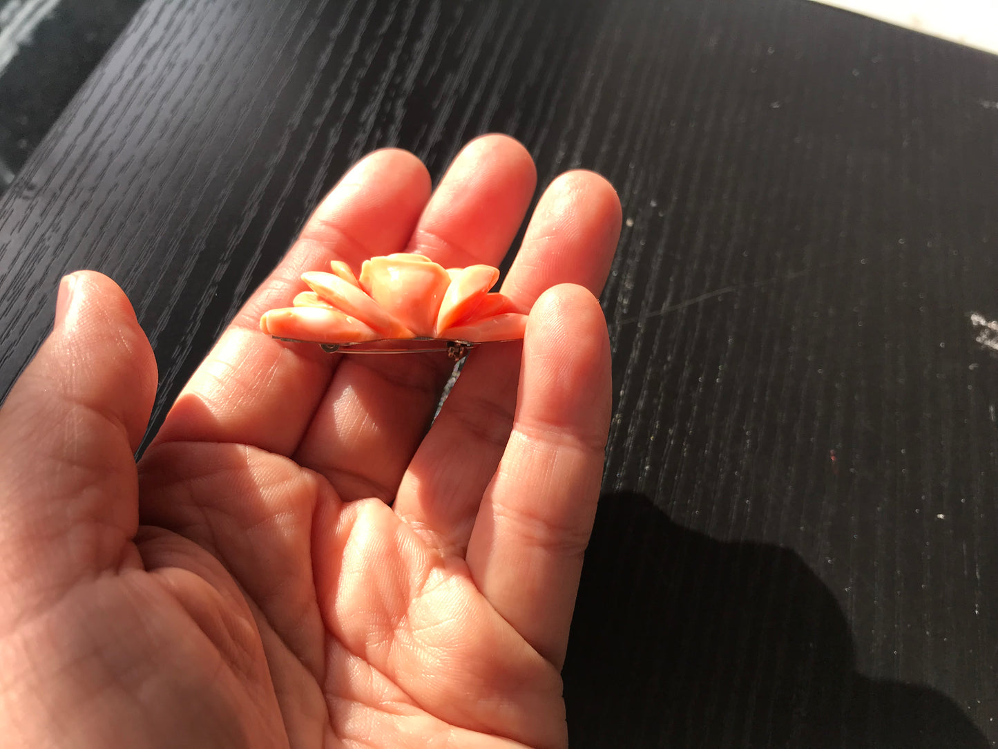 Collectors item Natural Angel Skin pink carved Momo coral rose vintage brooch
