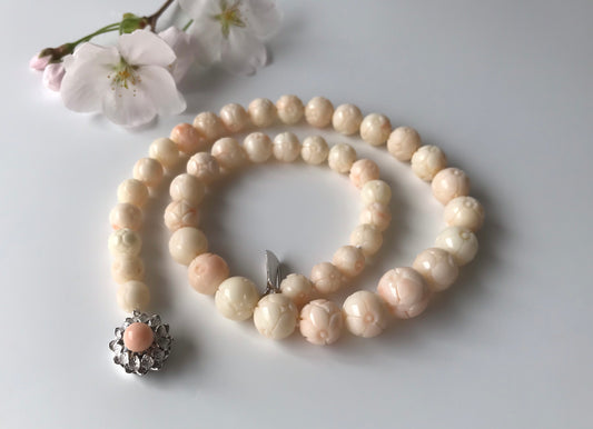 Large 13mm carved cherry blossom coral vintage necklace