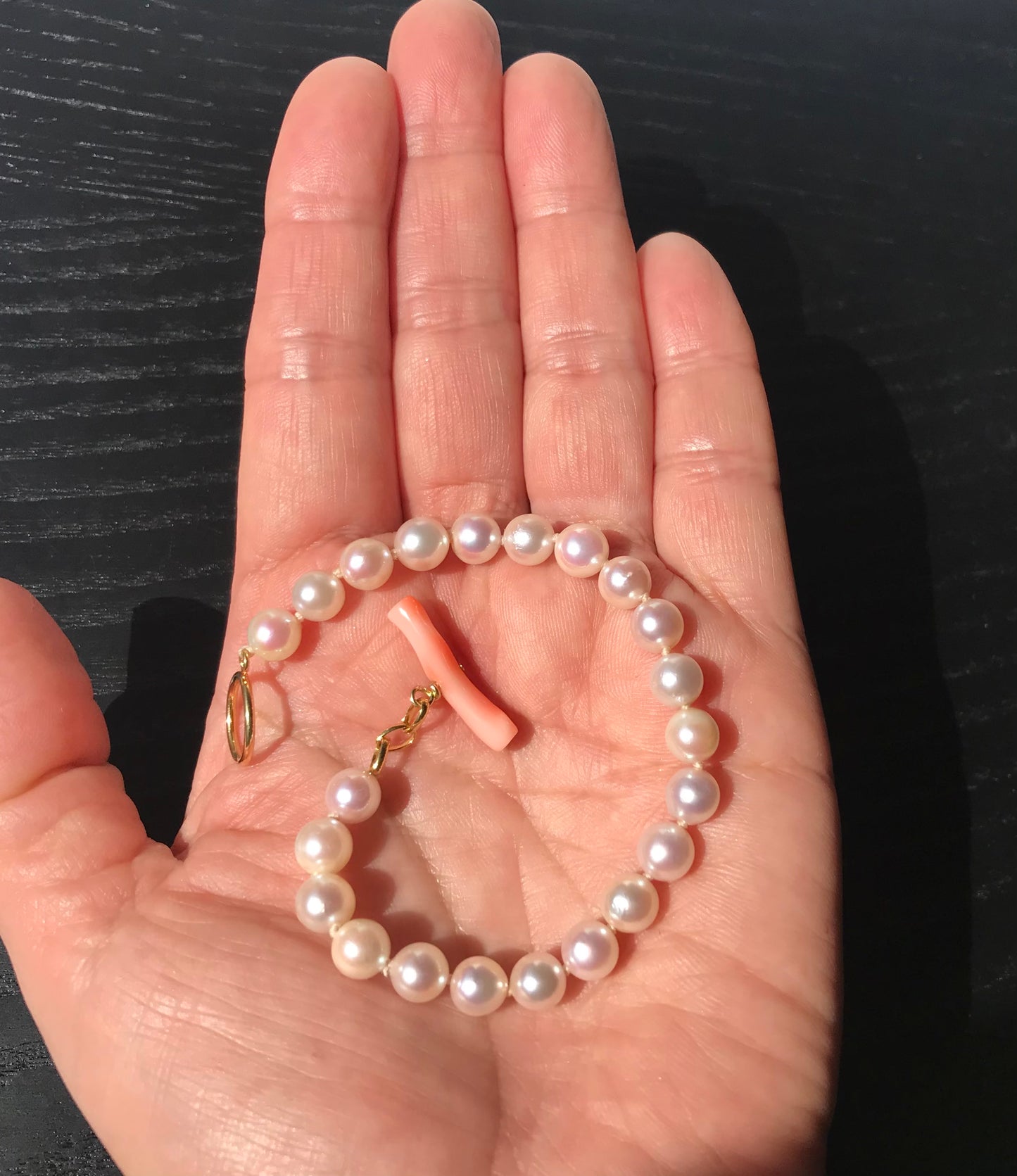 Japanese Akoya pearl bracelet 14K gold filled toggle ring with coral bar