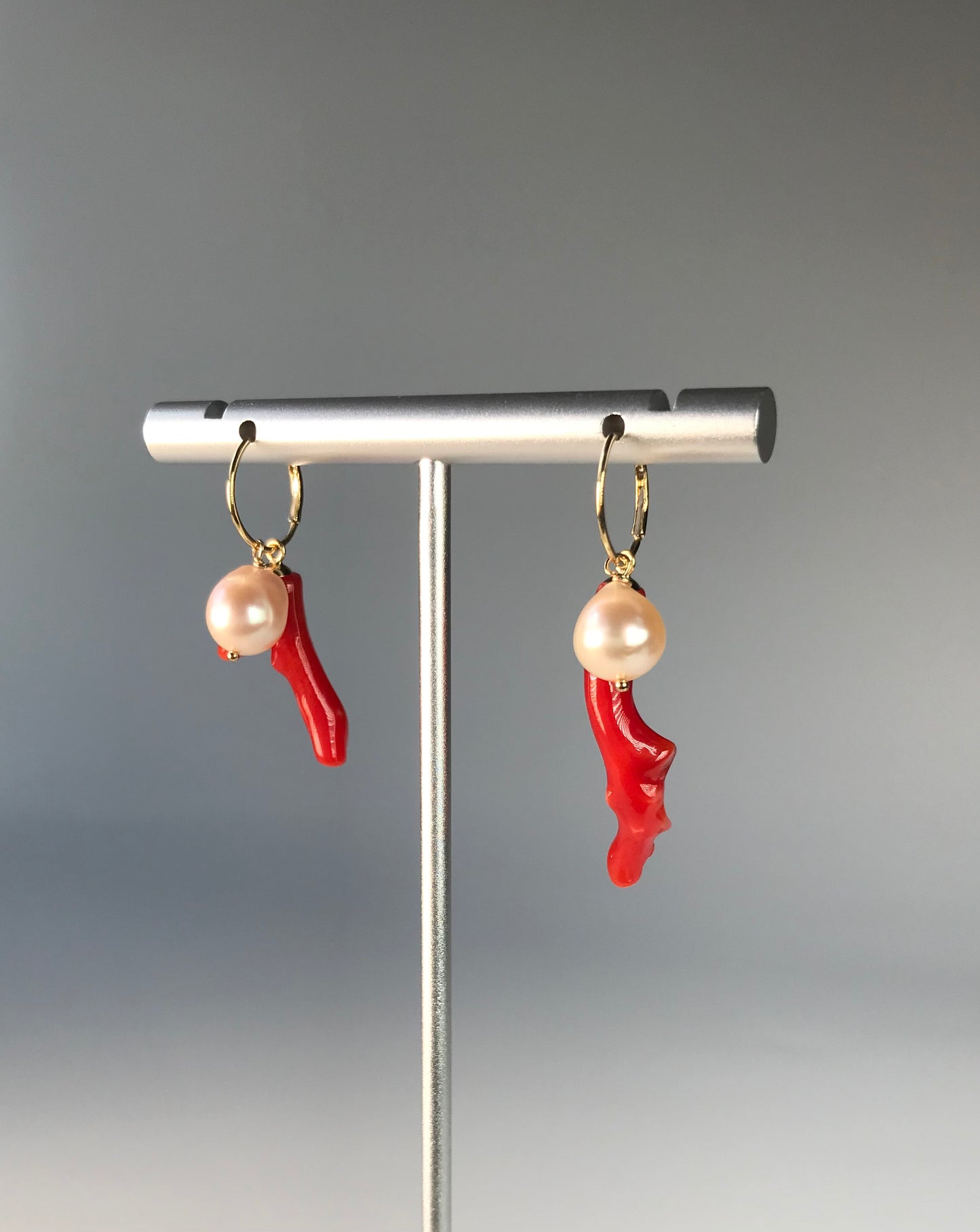 K18 solid gold Asymmetrical earrings with Japanese blood red coral branches