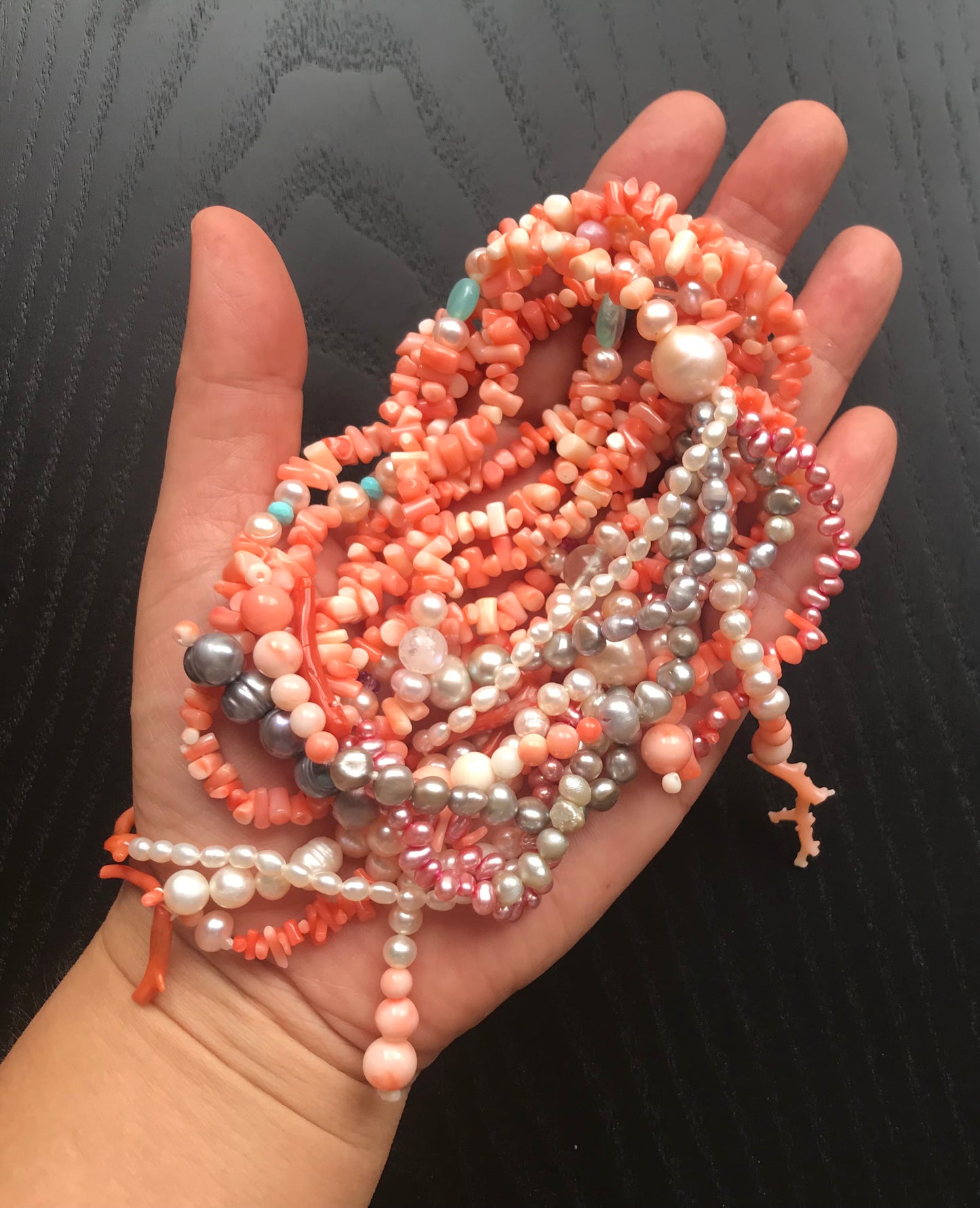 Natural Pink Coral and fresh water pearls lariat necklace