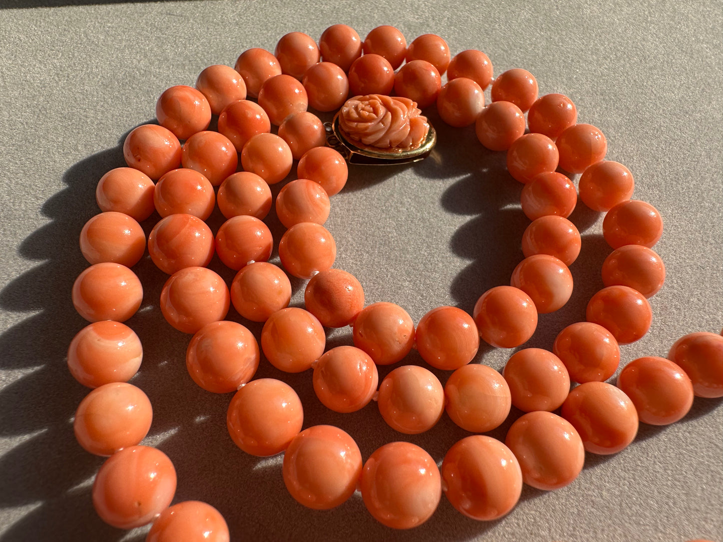 K18 Pink coral two strand vintage necklace and earrings set