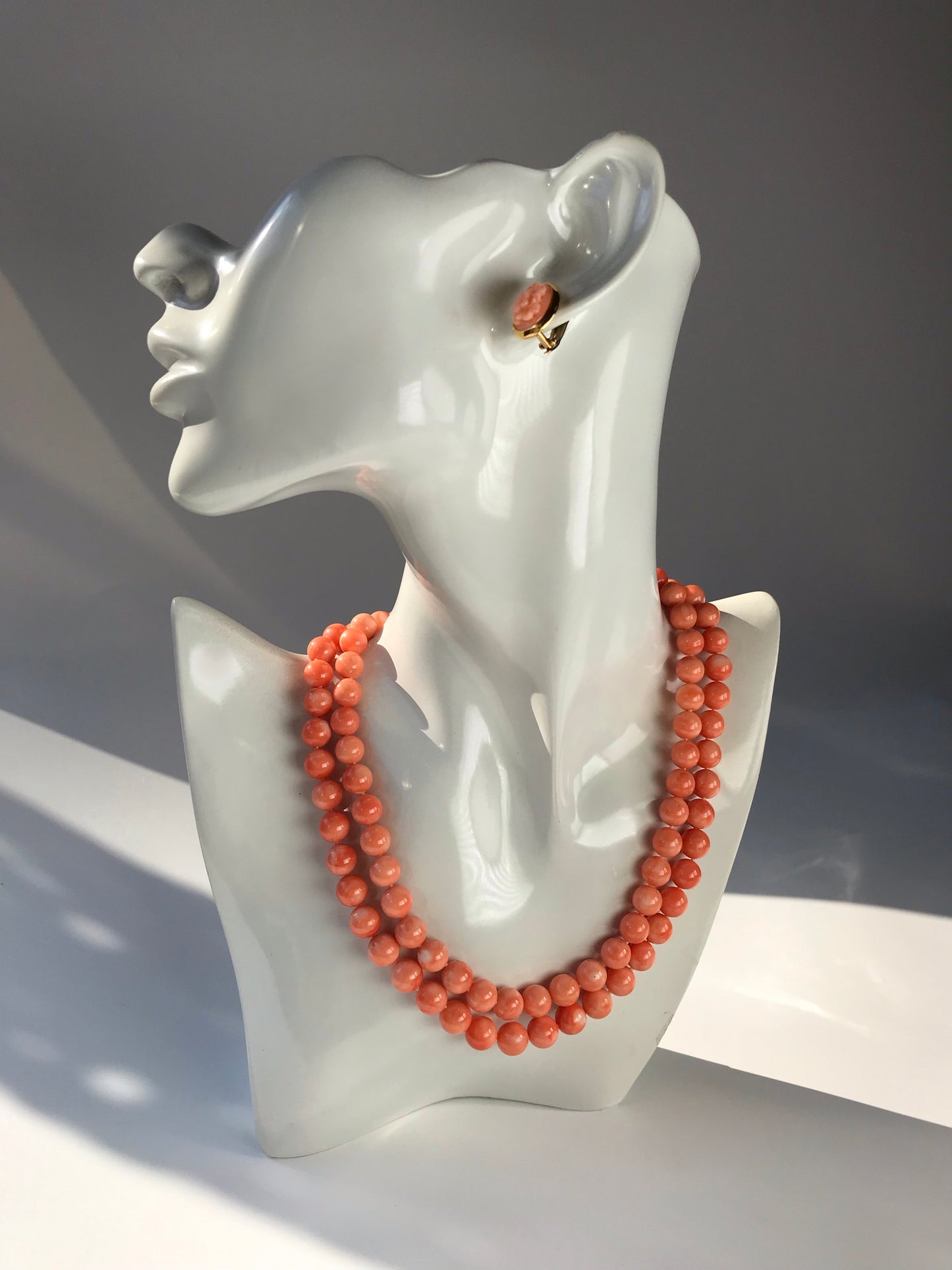 K18 Pink coral two strand vintage necklace and earrings set