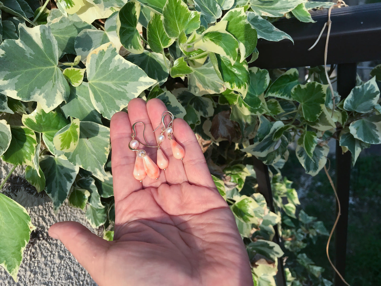 Japanese pink coral and Akoya pearl earrings