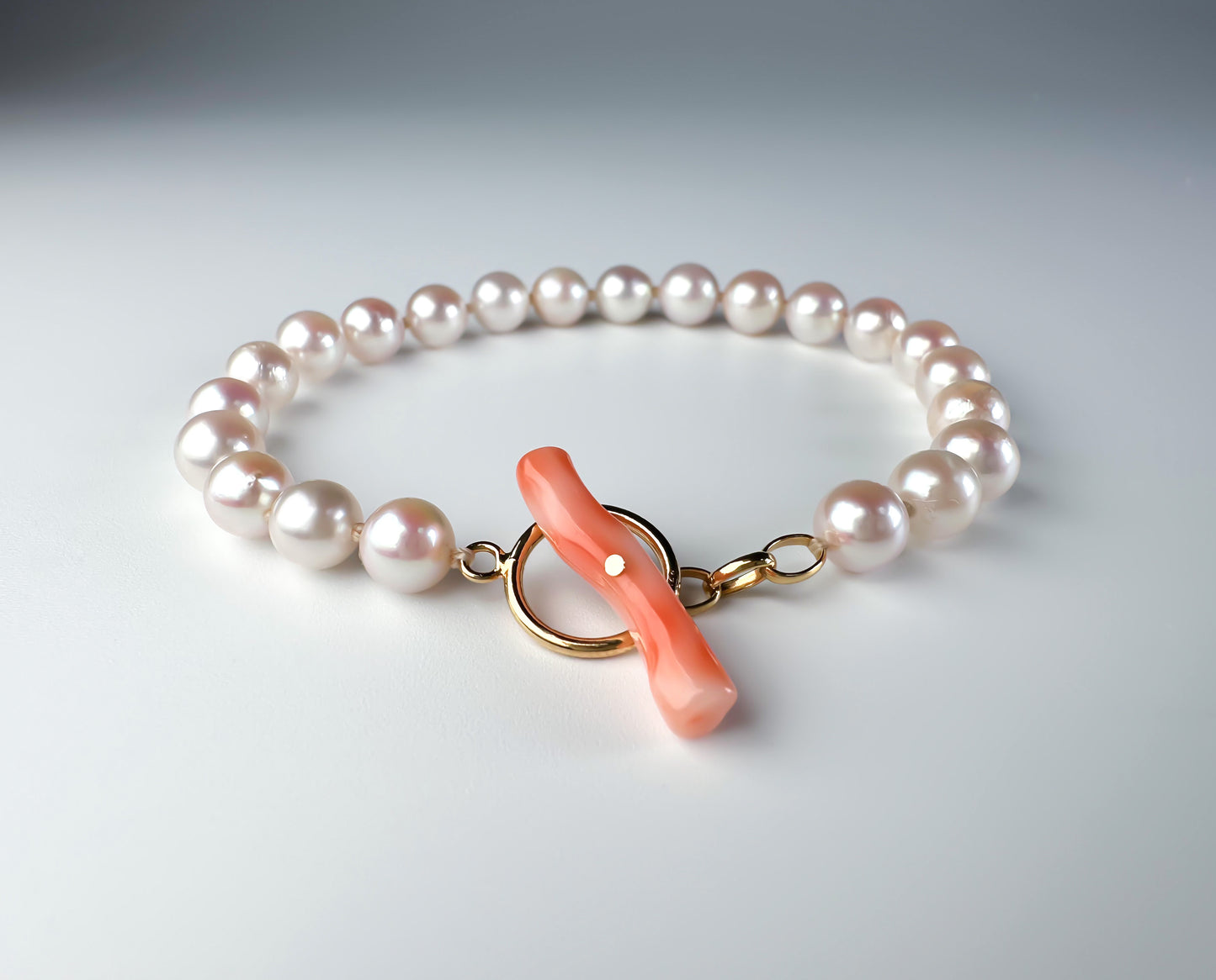 Japanese Akoya pearl bracelet 14K gold filled toggle ring with coral bar