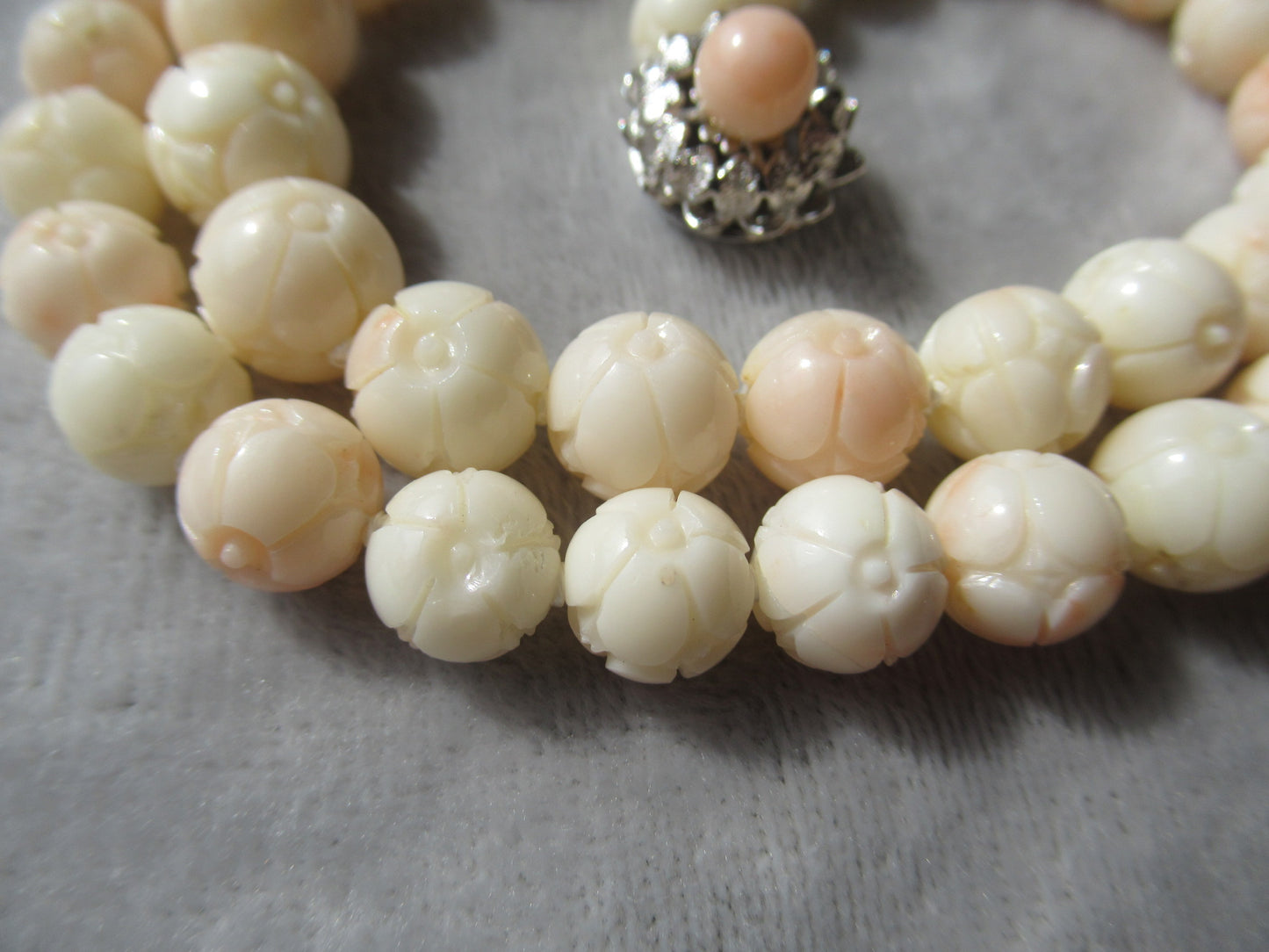 Large 13mm carved cherry blossom coral vintage necklace