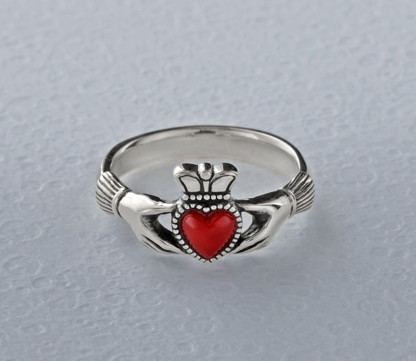 Made to order: Untreated Blood Red Coral Heart Claddagh Silver Ring