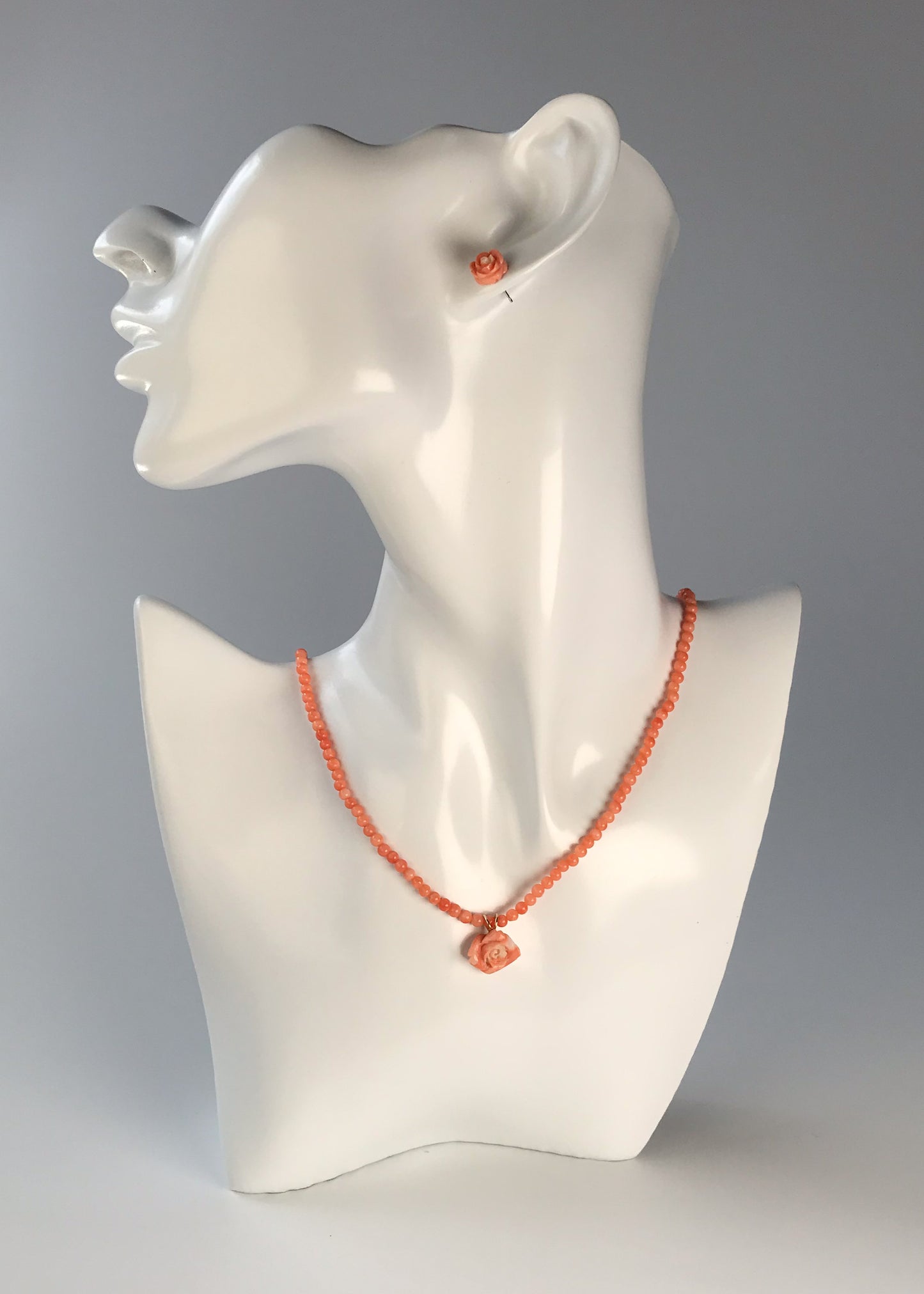 18K gold angel skin Momo coral rose necklace,pendant and earrings set