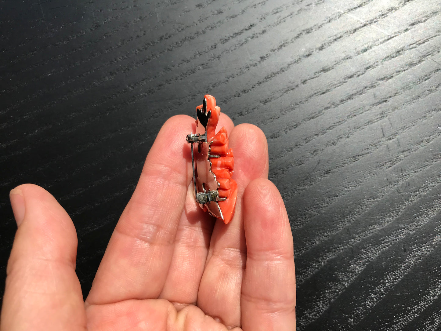 Natural persimmon pink carved Momo coral cherry blossom vintage brooch