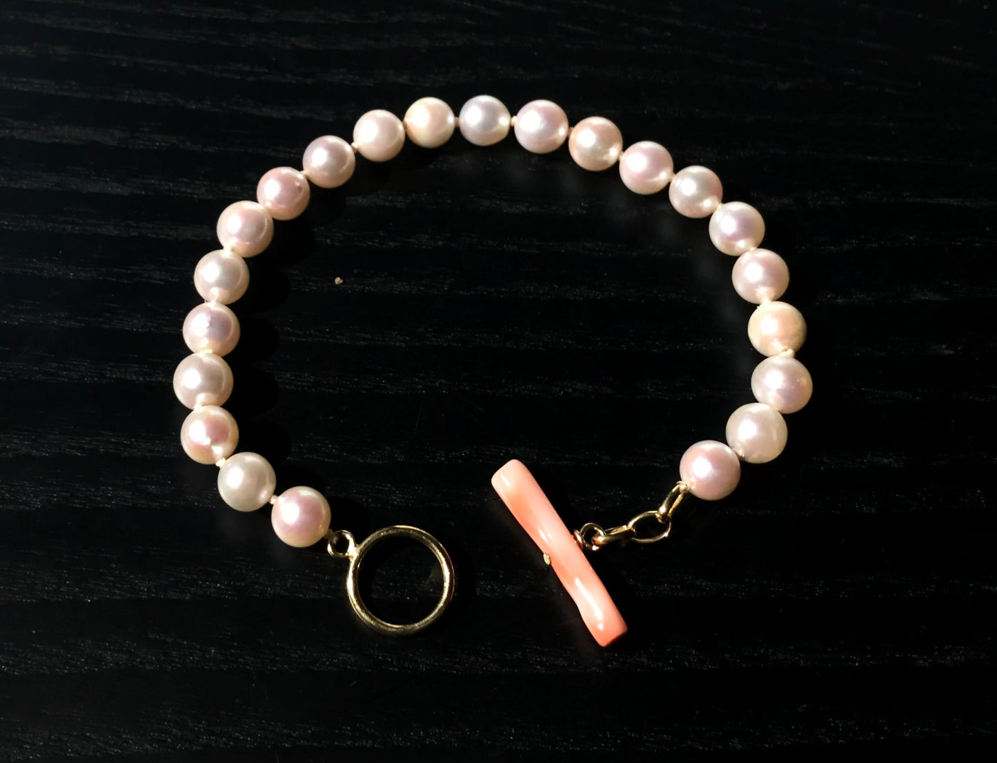 Japanese Akoya pearl bracelet 14K gold filled toggle ring with coral bar