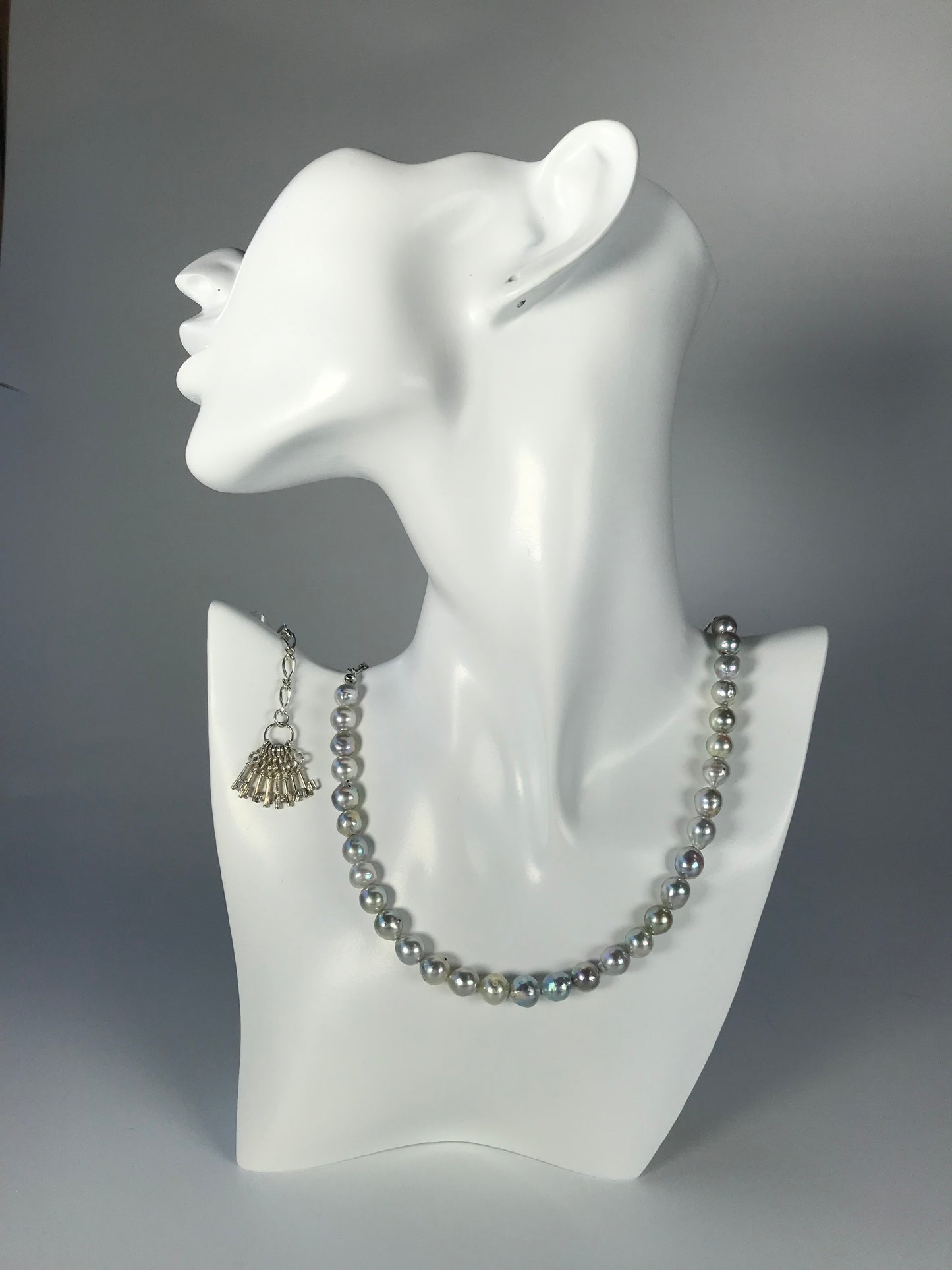 Silver blue Akoya pearl and silver charm necklace