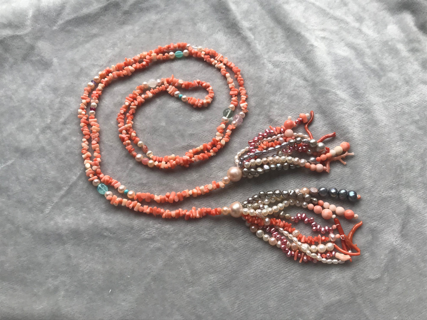 Natural Pink Coral and fresh water pearls lariat necklace