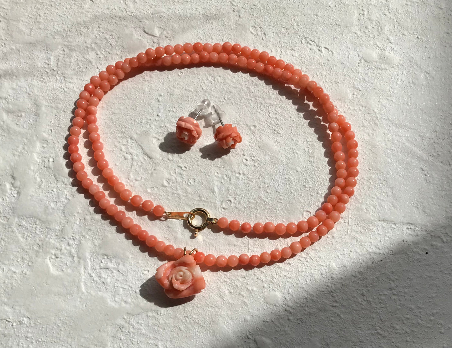 18K gold angel skin Momo coral rose necklace,pendant and earrings set