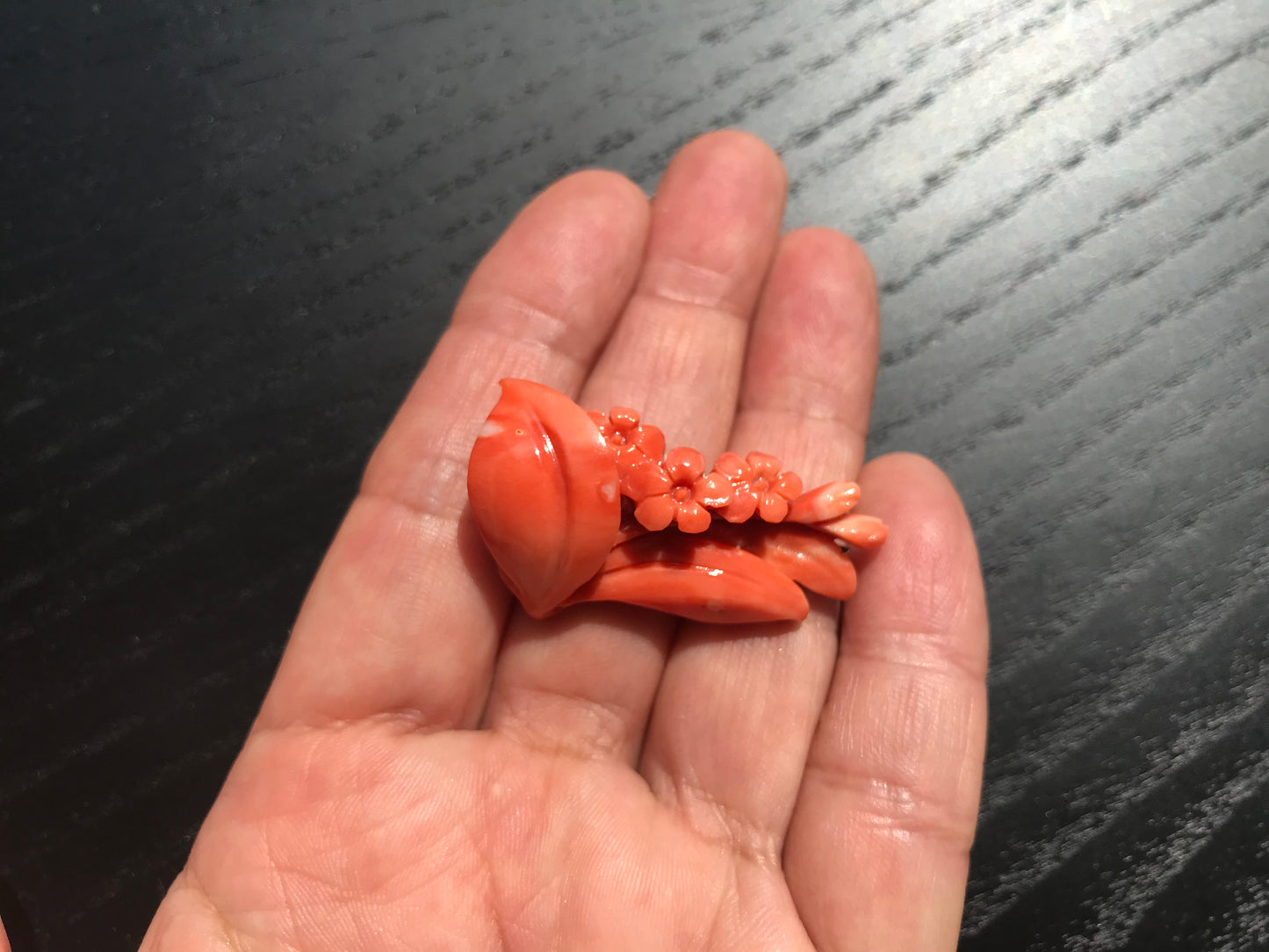 Natural persimmon pink carved Momo coral cherry blossom vintage brooch