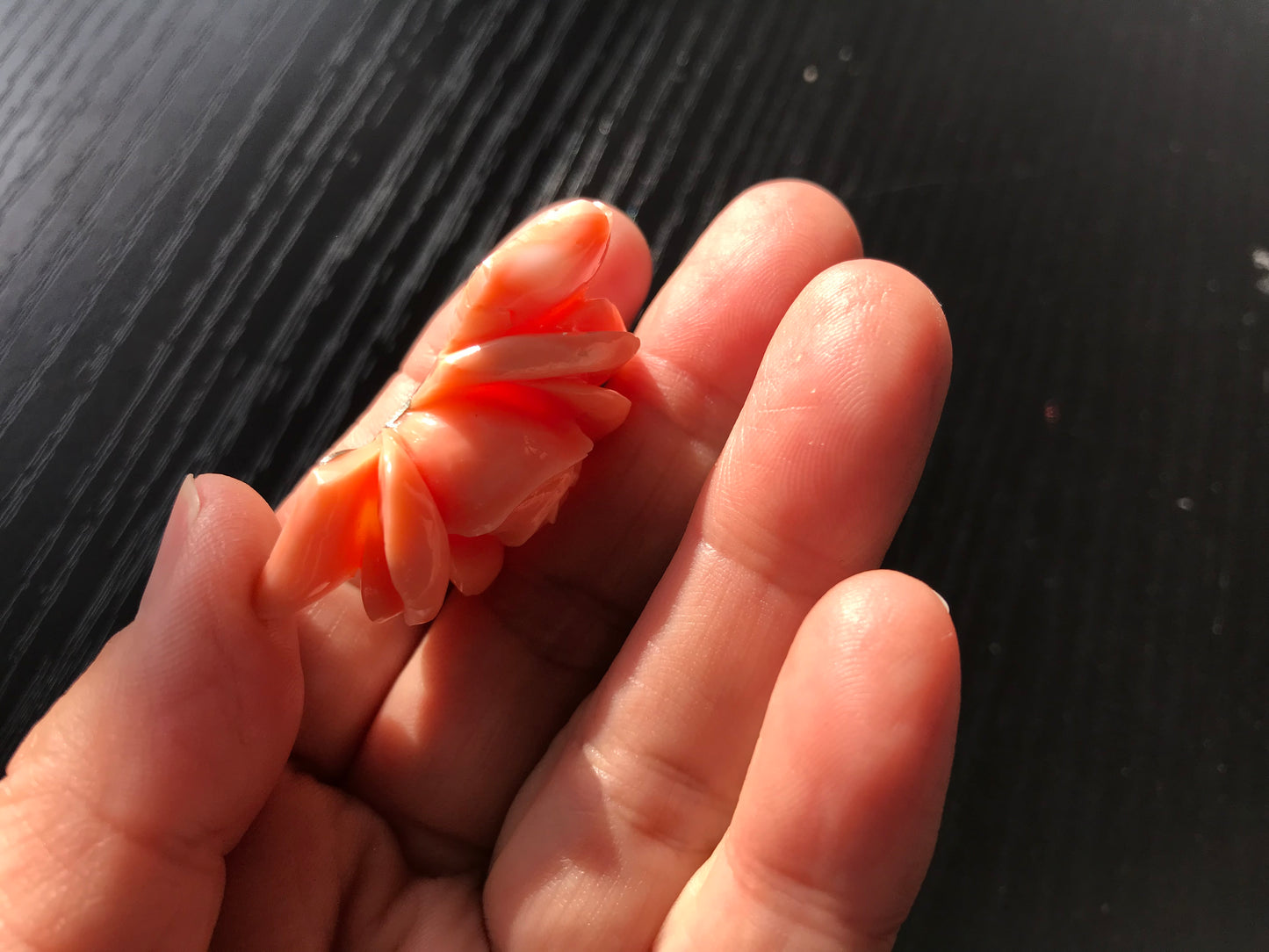 Collectors item Natural Angel Skin pink carved Momo coral rose vintage brooch