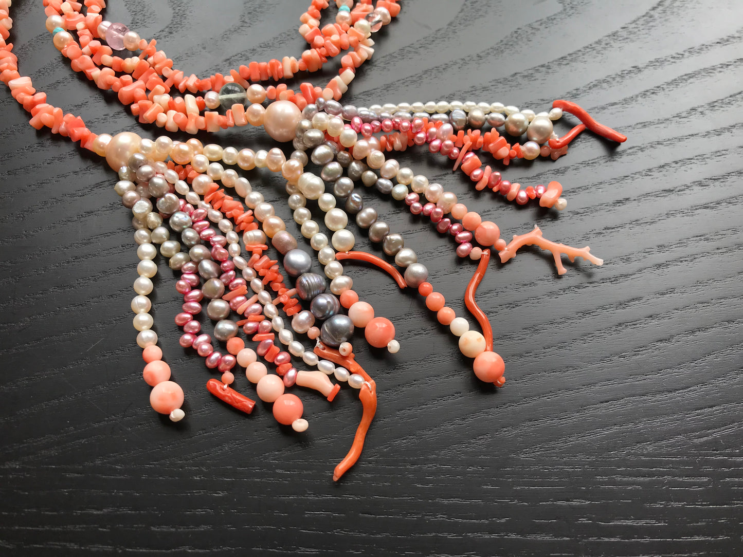 Natural Pink Coral and fresh water pearls lariat necklace