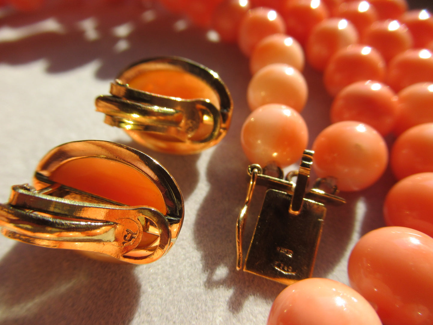 K18 Pink coral two strand vintage necklace and earrings set
