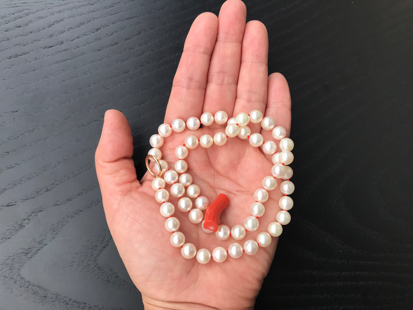 K18 Akoya pearl necklace with Momo coral bar