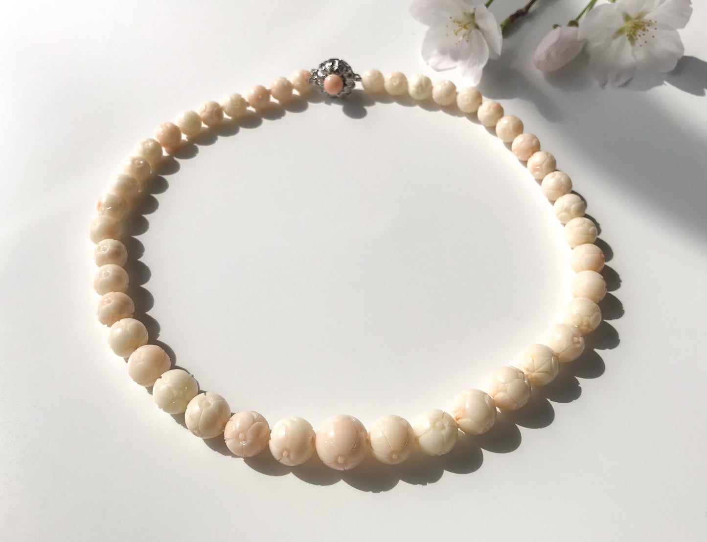 Large 13mm carved cherry blossom coral vintage necklace