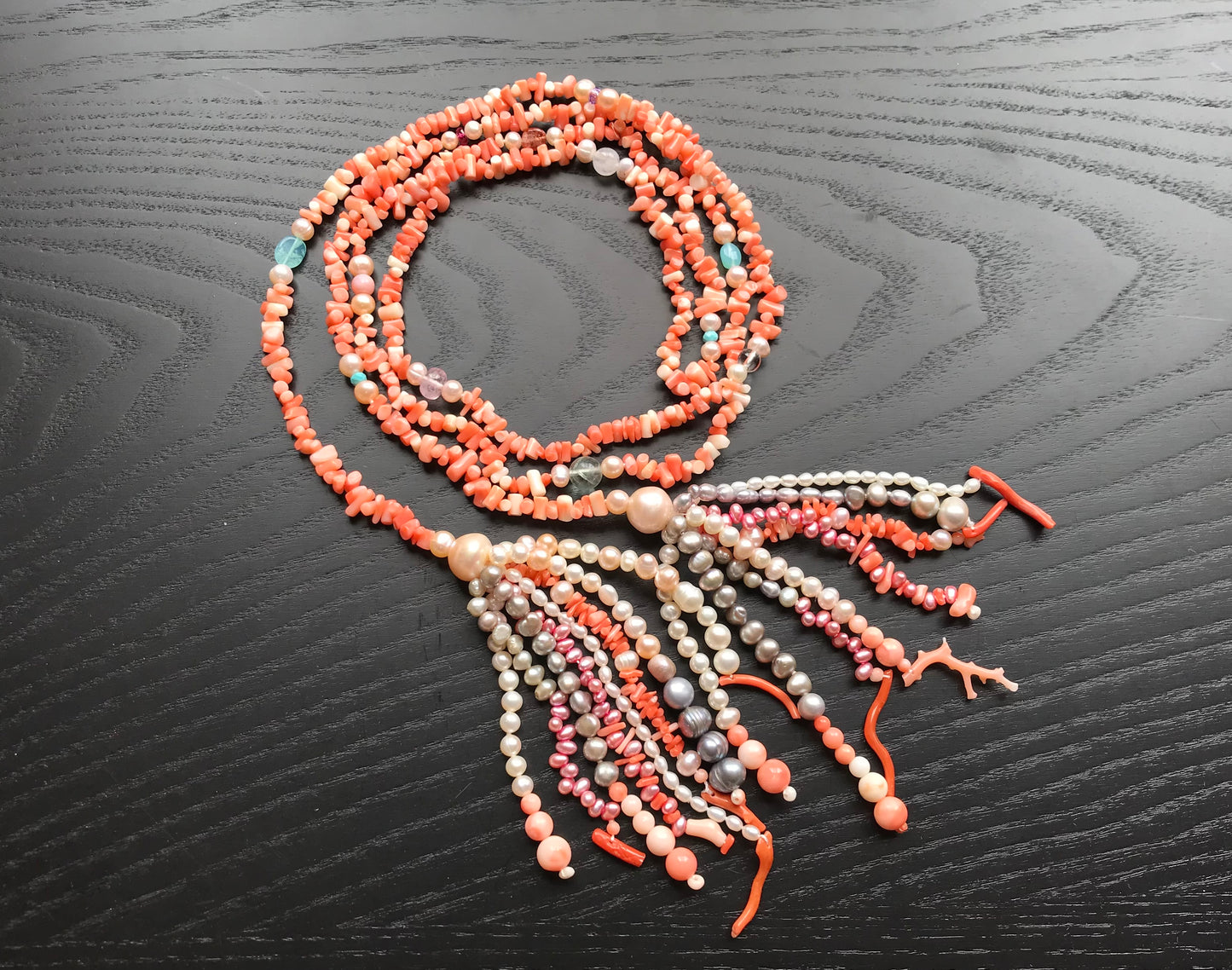 Natural Pink Coral and fresh water pearls lariat necklace
