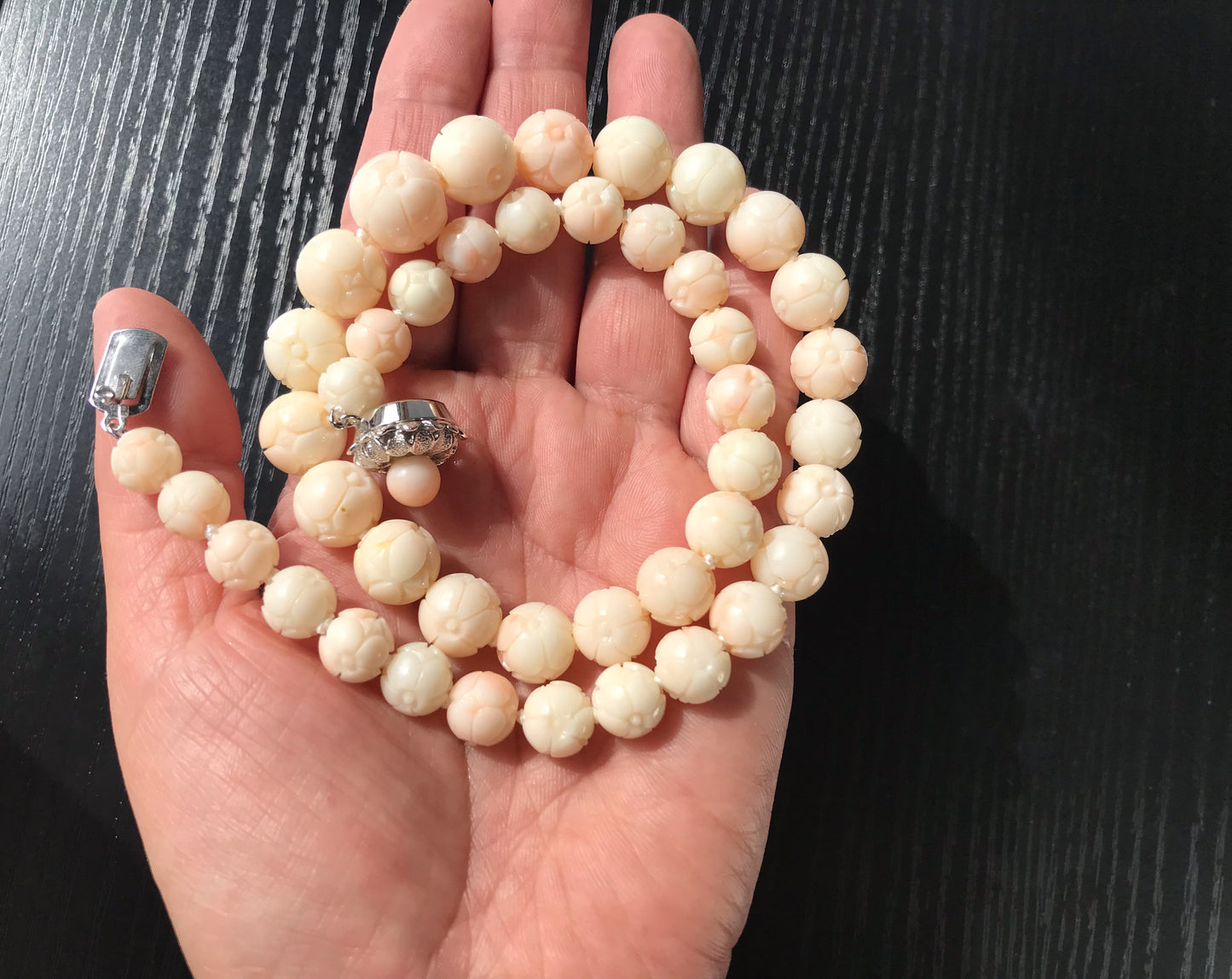 Large 13mm carved cherry blossom coral vintage necklace