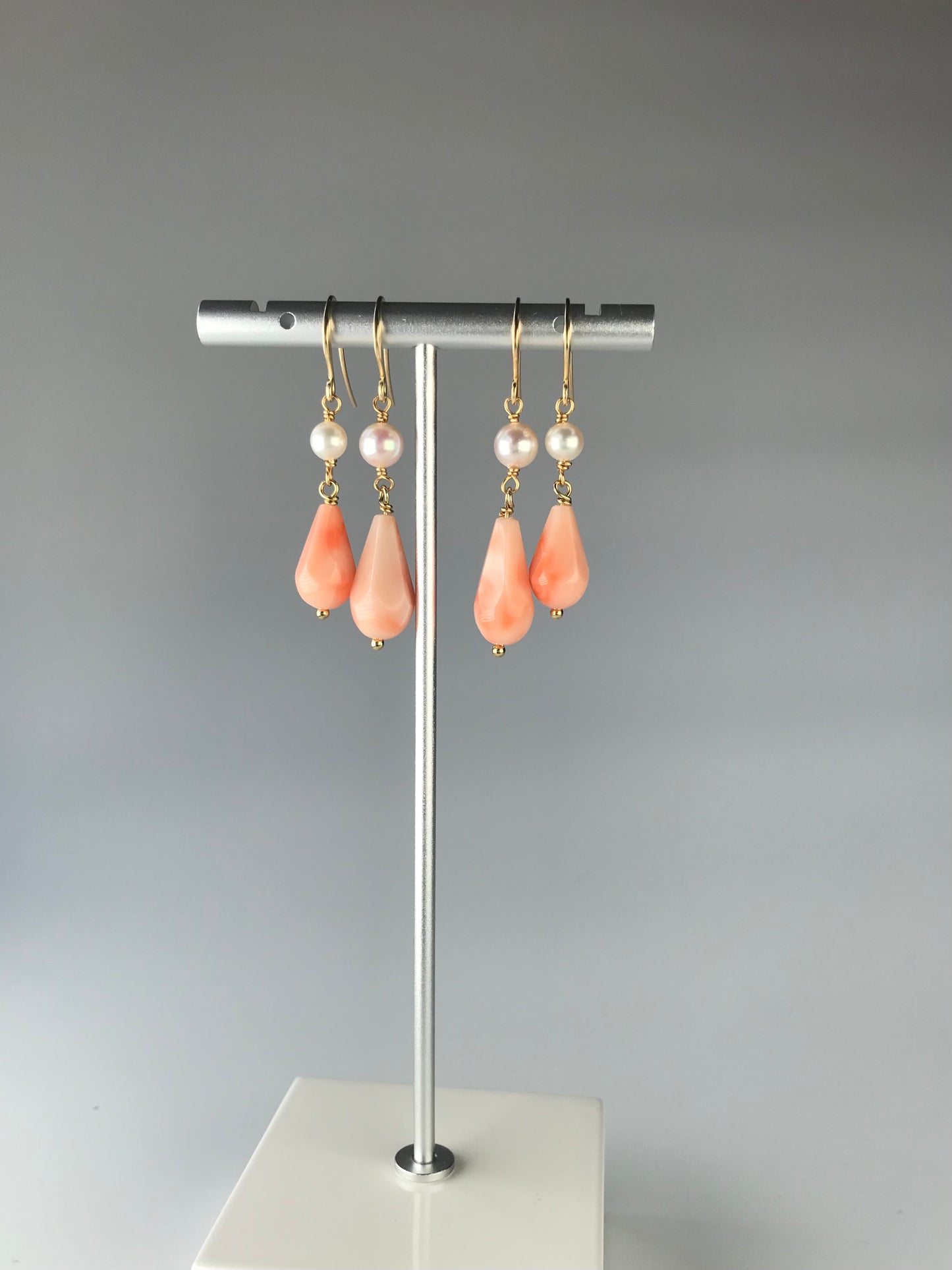 Japanese pink coral and Akoya pearl earrings