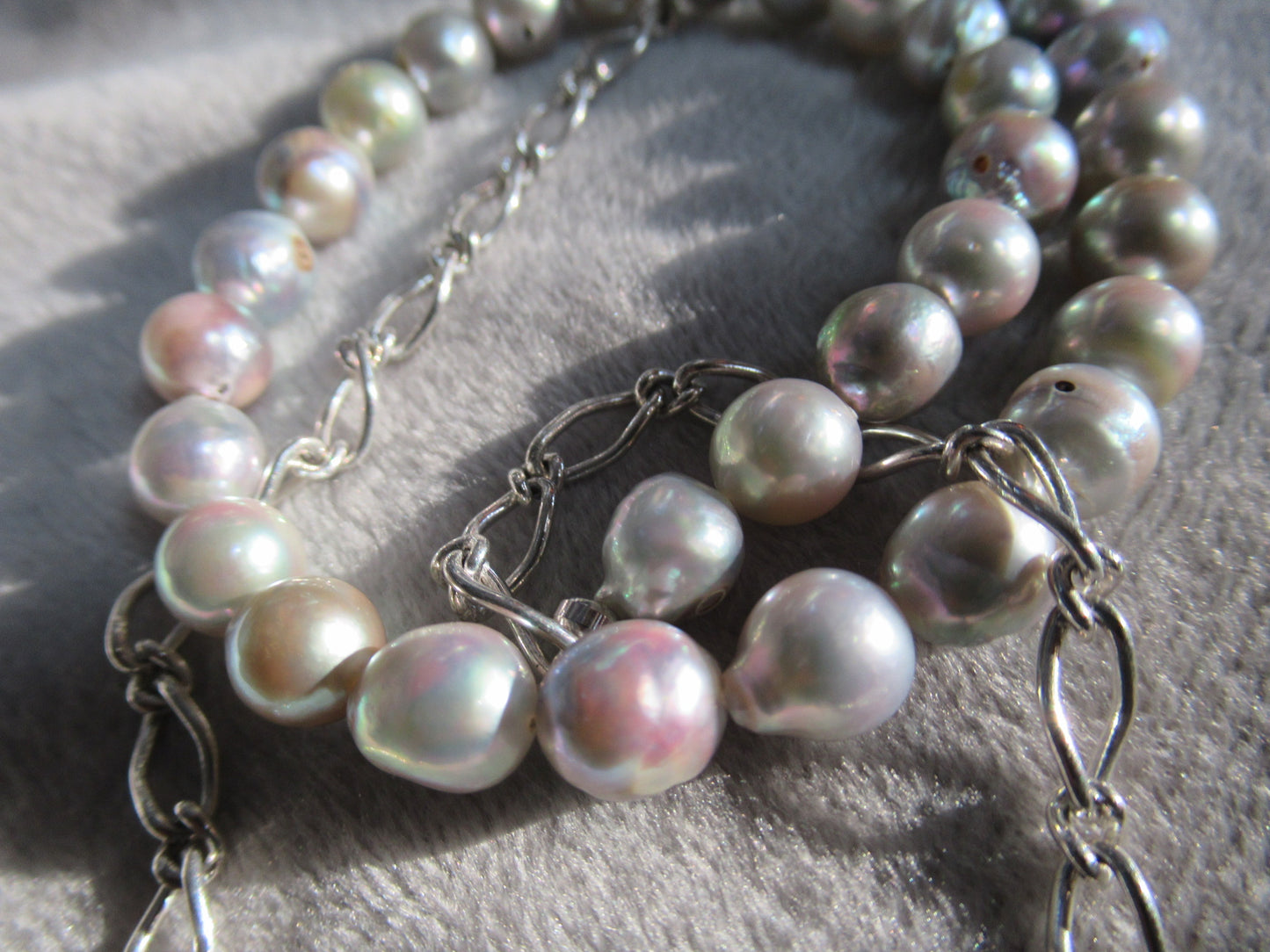 Silver blue Akoya pearl and silver charm necklace