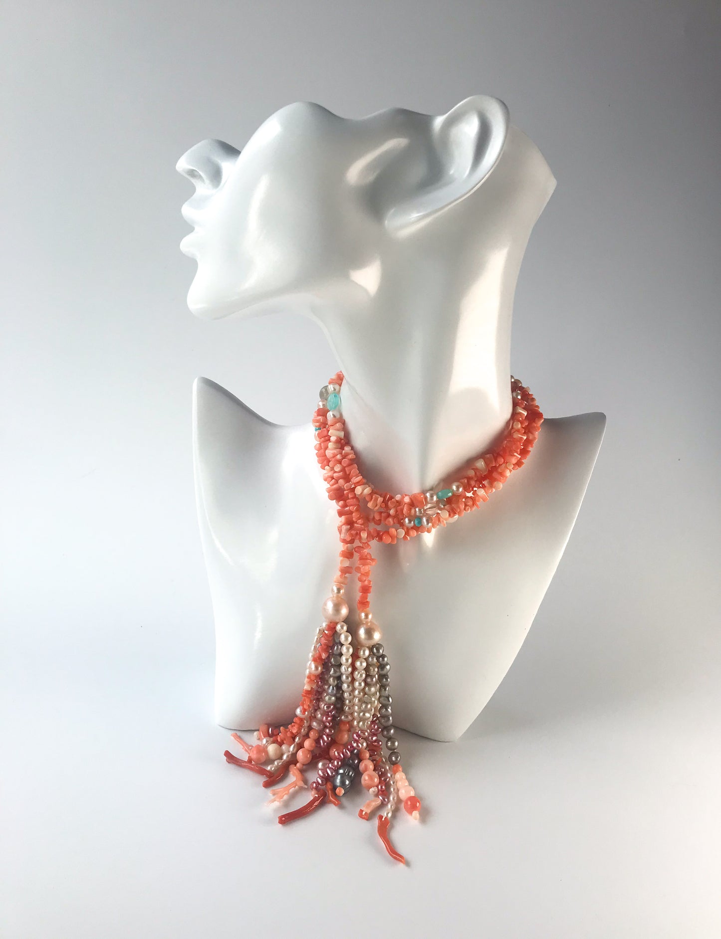 Natural Pink Coral and fresh water pearls lariat necklace