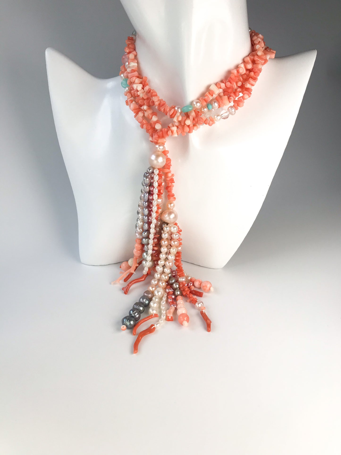 Natural Pink Coral and fresh water pearls lariat necklace