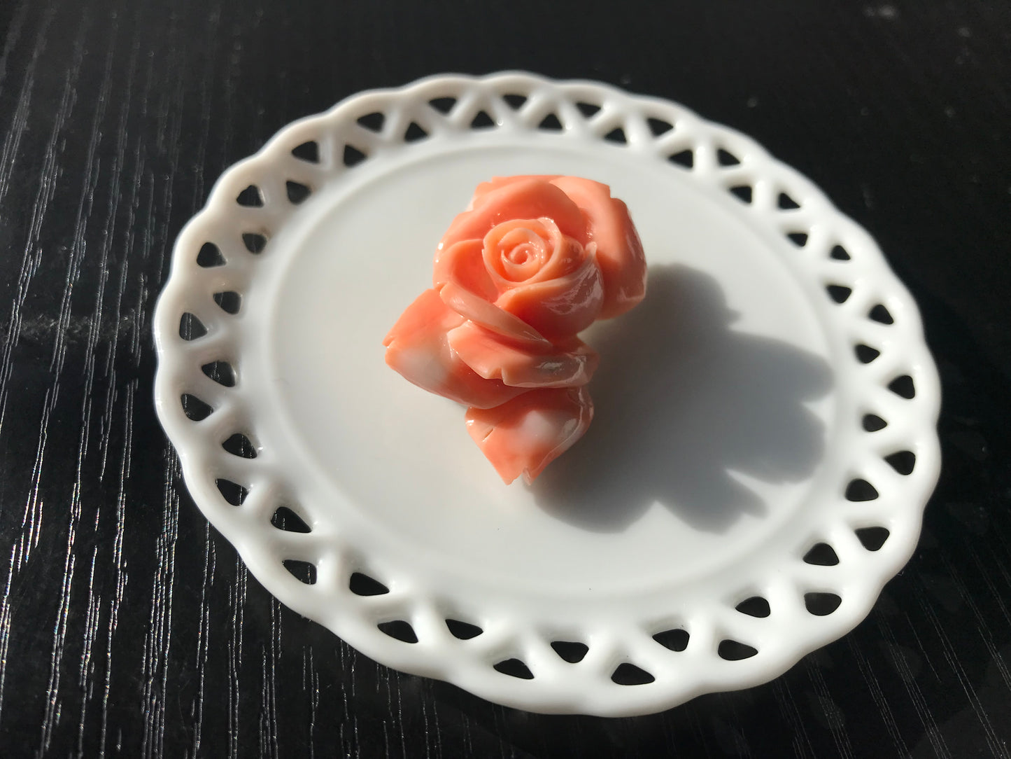 Collectors item Natural Angel Skin pink carved Momo coral rose vintage brooch
