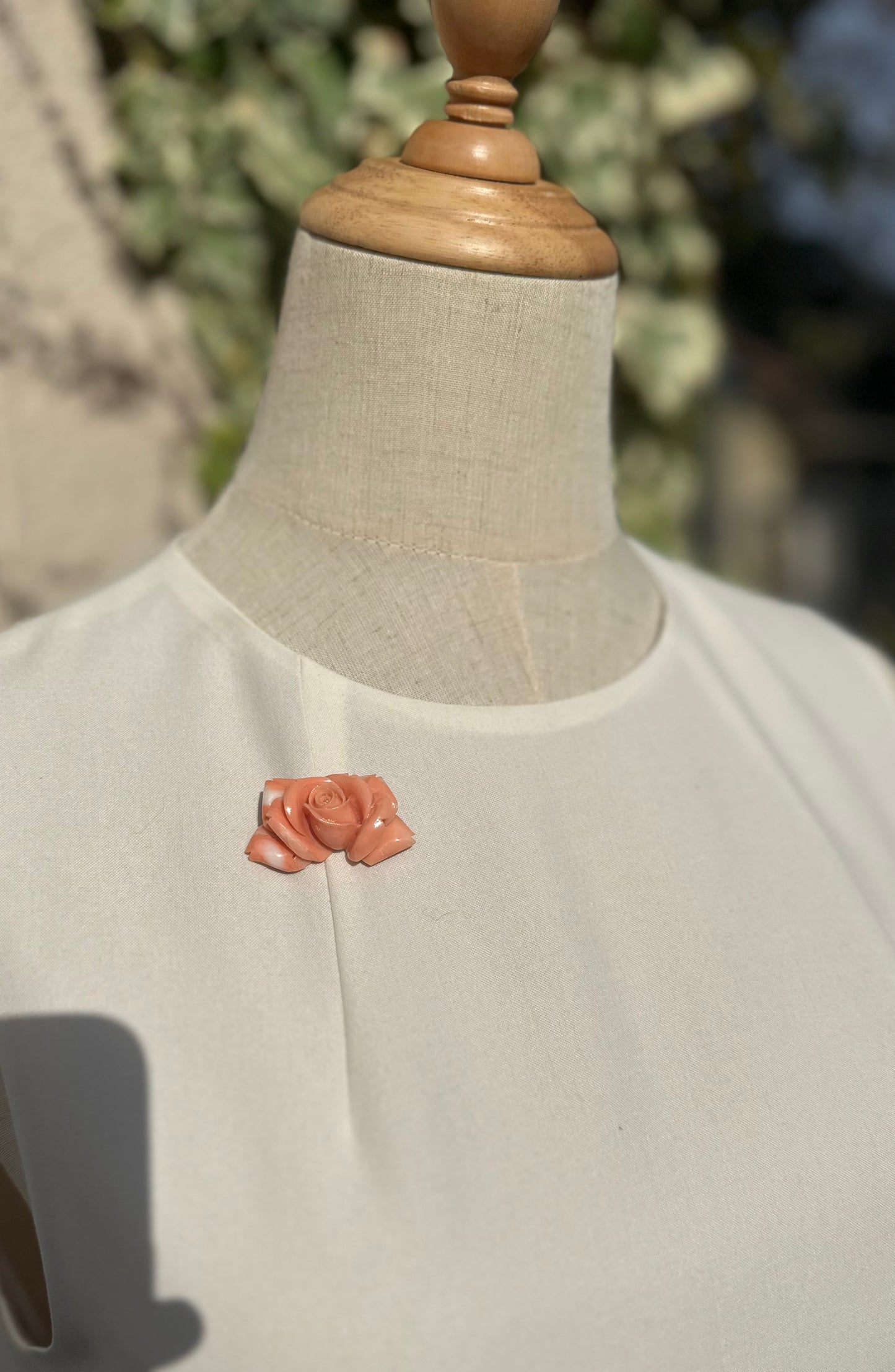 Collectors item Natural Angel Skin pink carved Momo coral rose vintage brooch