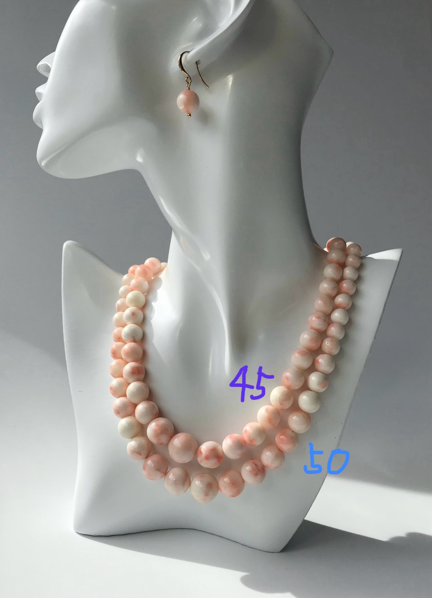 45cm/50cm 14mm Extra large natural pink Japanese deep sea coral necklace and earrings