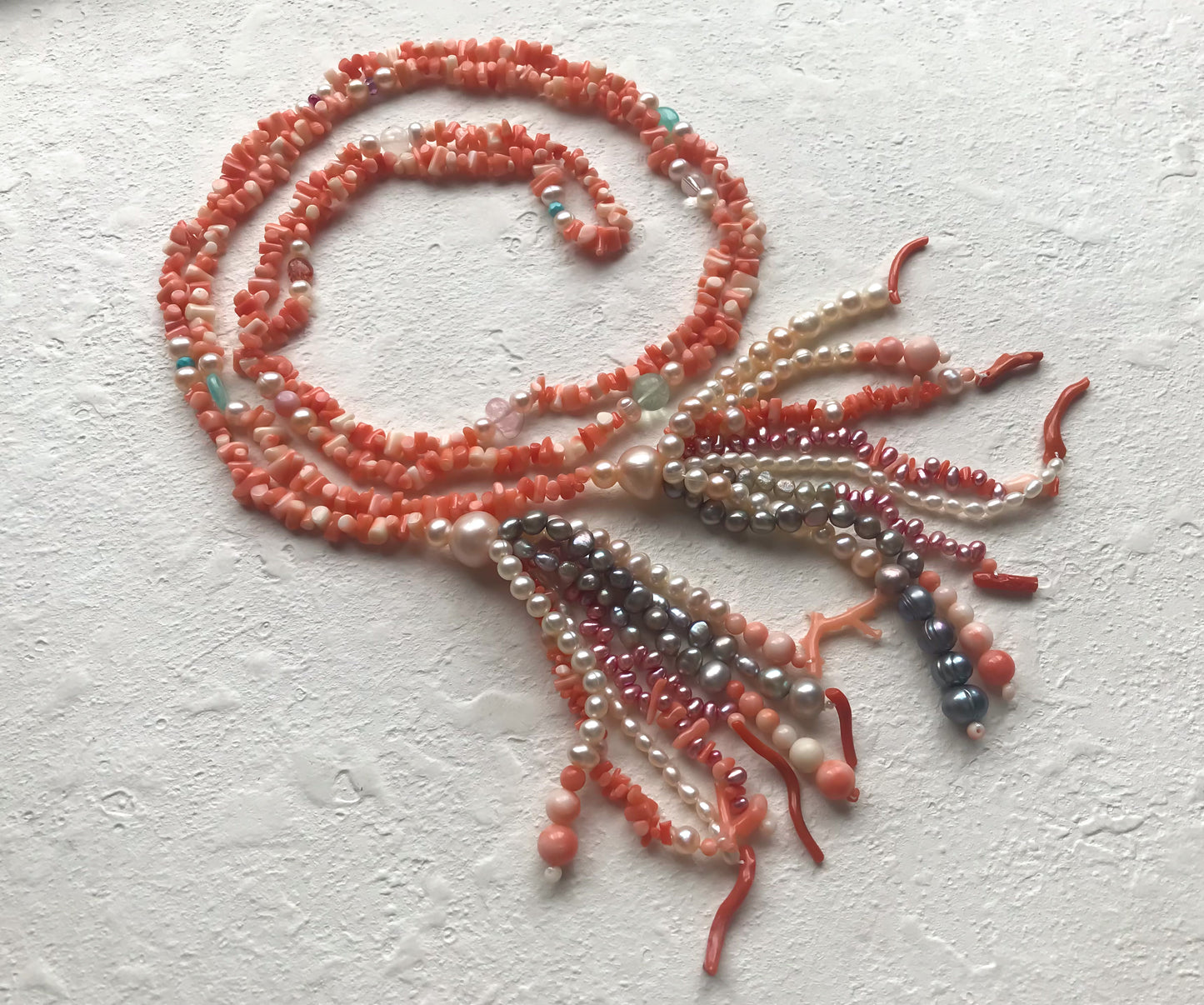 Natural Pink Coral and fresh water pearls lariat necklace