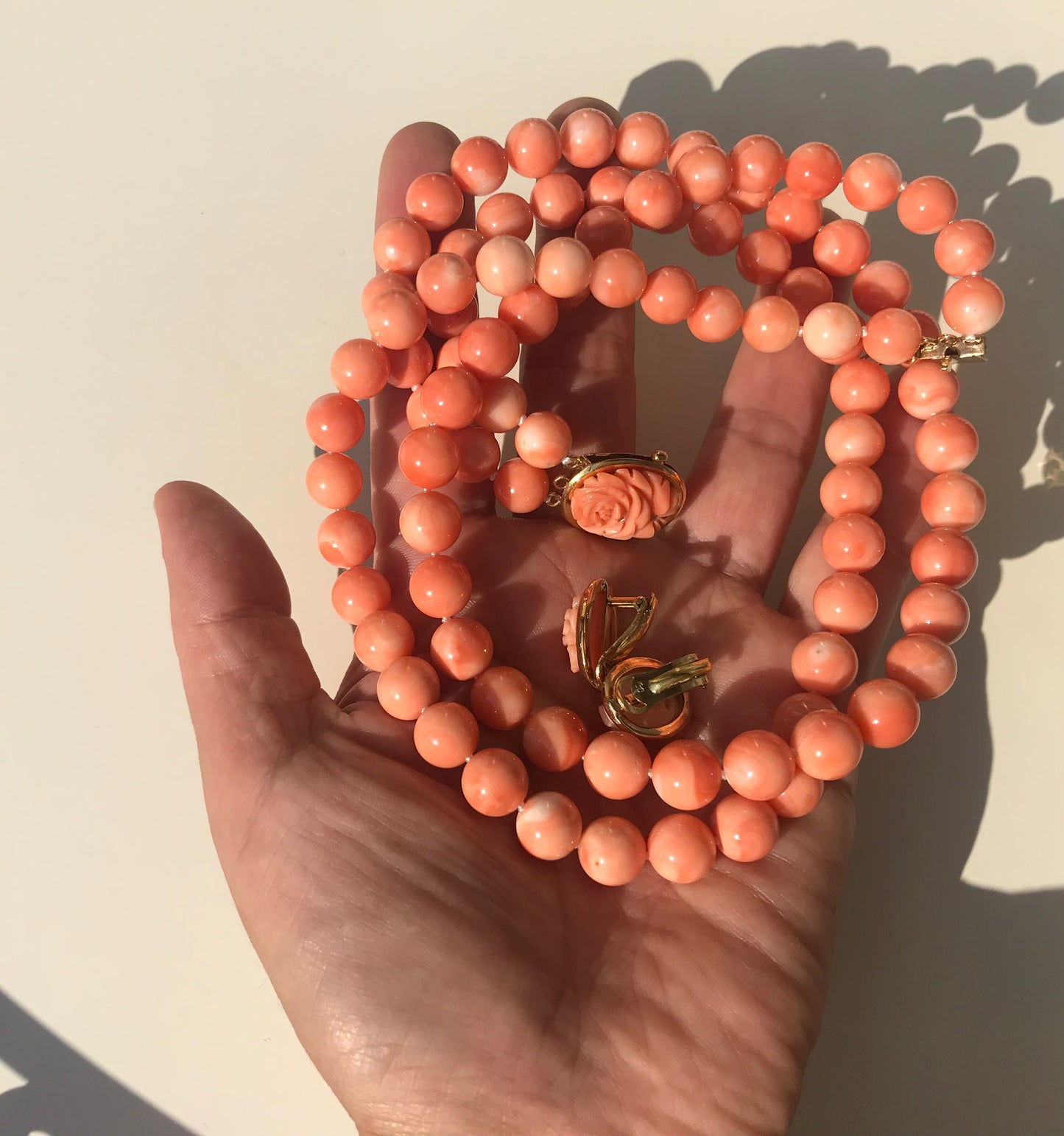 K18 Pink coral two strand vintage necklace and earrings set