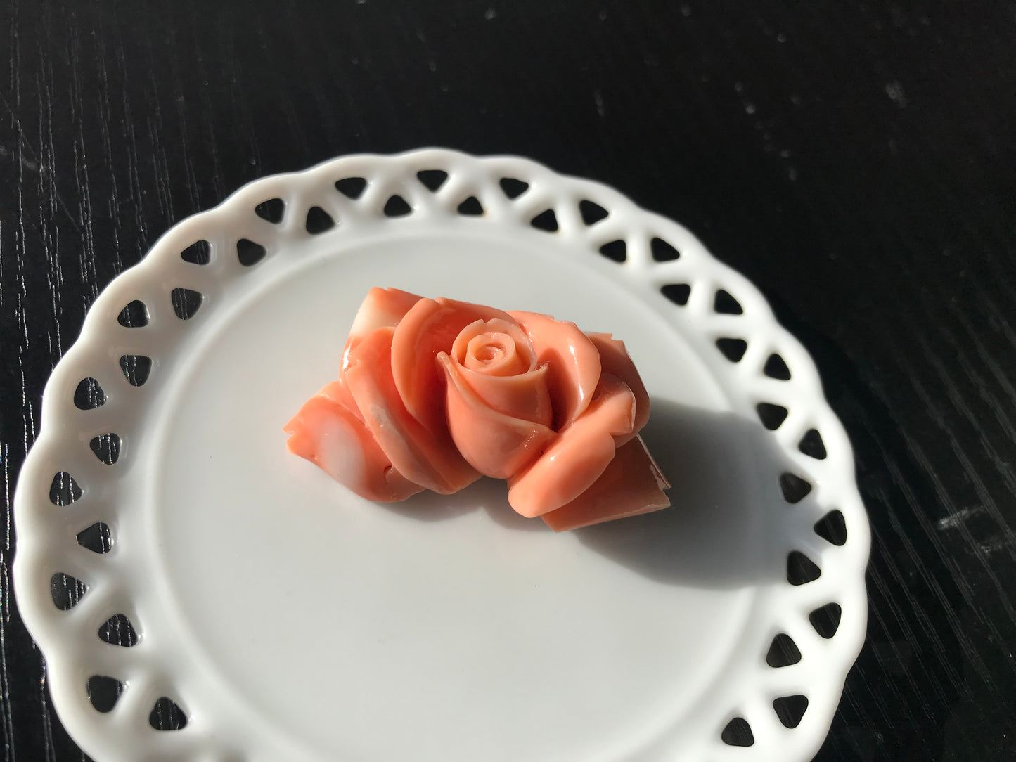Collectors item Natural Angel Skin pink carved Momo coral rose vintage brooch