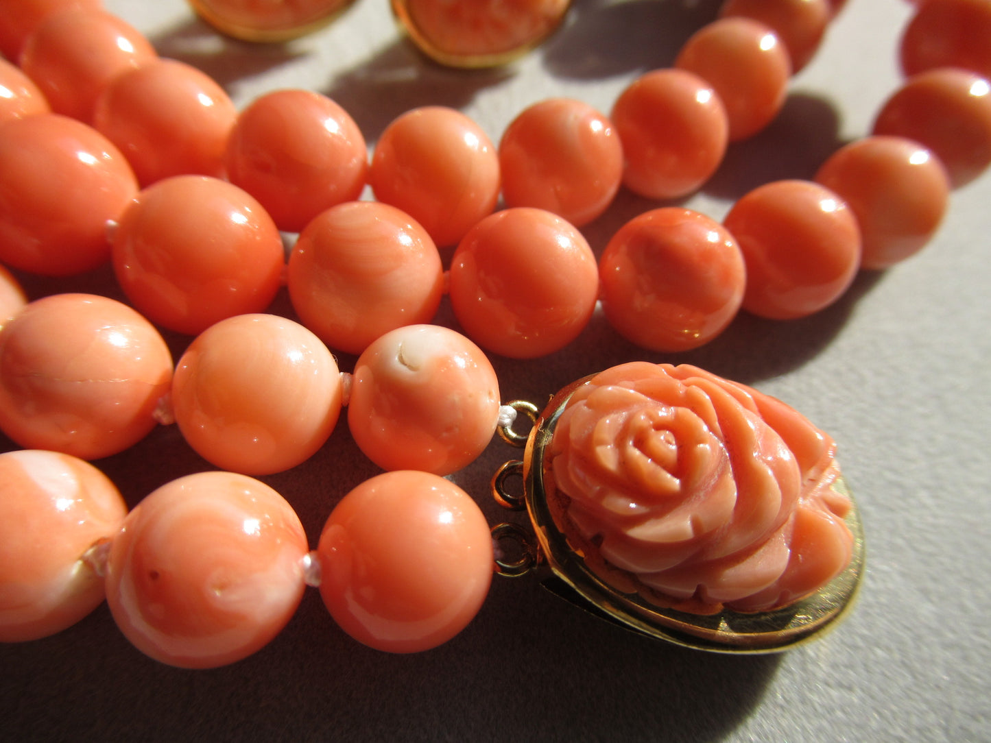 K18 Pink coral two strand vintage necklace and earrings set