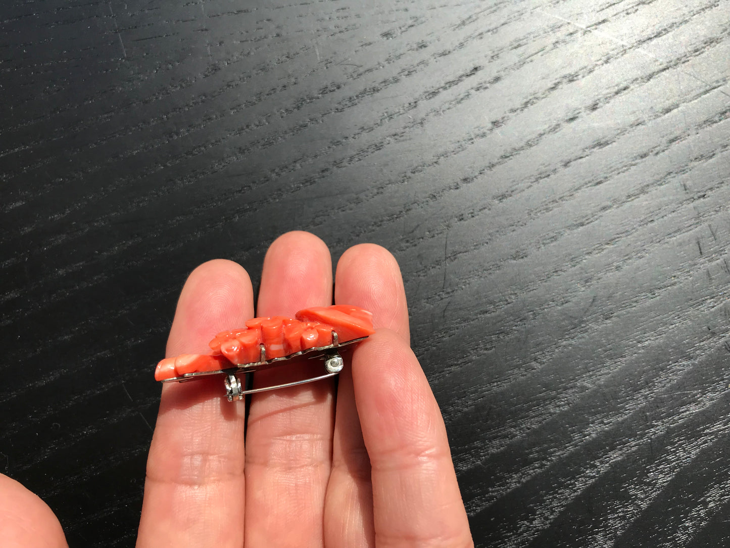 Natural persimmon pink carved Momo coral cherry blossom vintage brooch