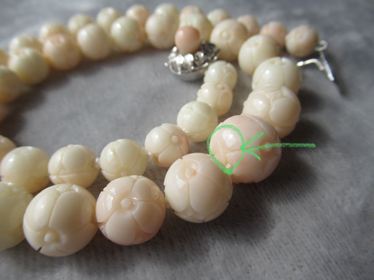 Large 13mm carved cherry blossom coral vintage necklace