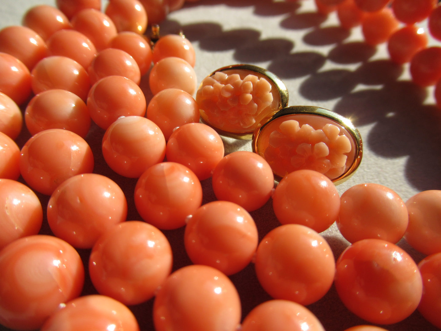 K18 Pink coral two strand vintage necklace and earrings set