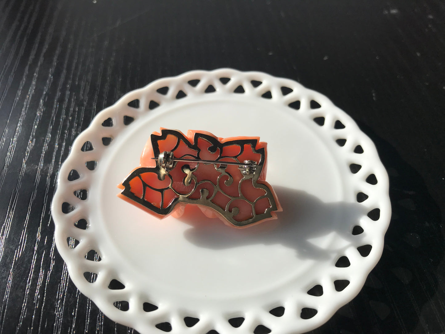 Collectors item Natural Angel Skin pink carved Momo coral rose vintage brooch