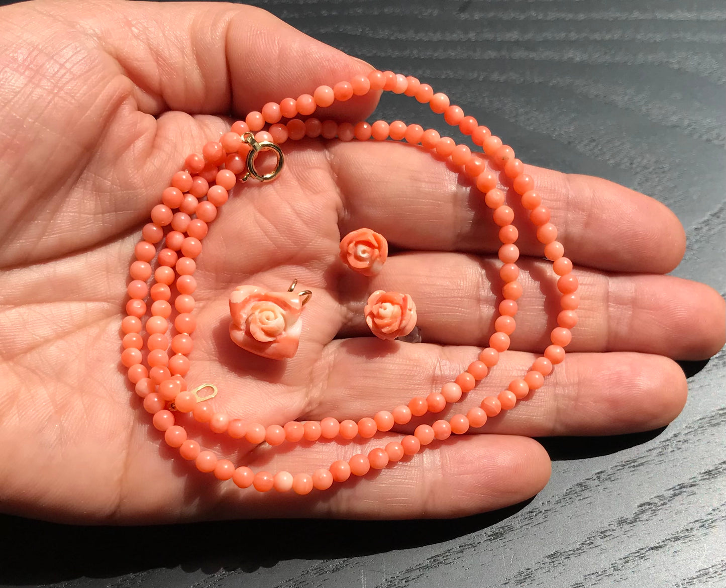 18K gold angel skin Momo coral rose necklace,pendant and earrings set